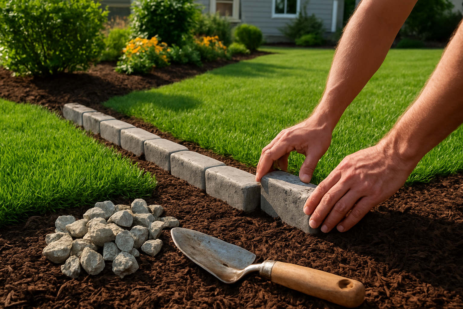 Create a realistic image of a pristine lawn mowing strip being enhanced with finishing materials, showing hands placing decorative stone edging or mulch along the freshly cut grass border, with a well-maintained suburban yard in the background featuring green grass, garden beds, and a partially visible house, captured in bright natural daylight with clear detail of the landscaping materials and tools nearby, absolutely NO text should be in the scene.