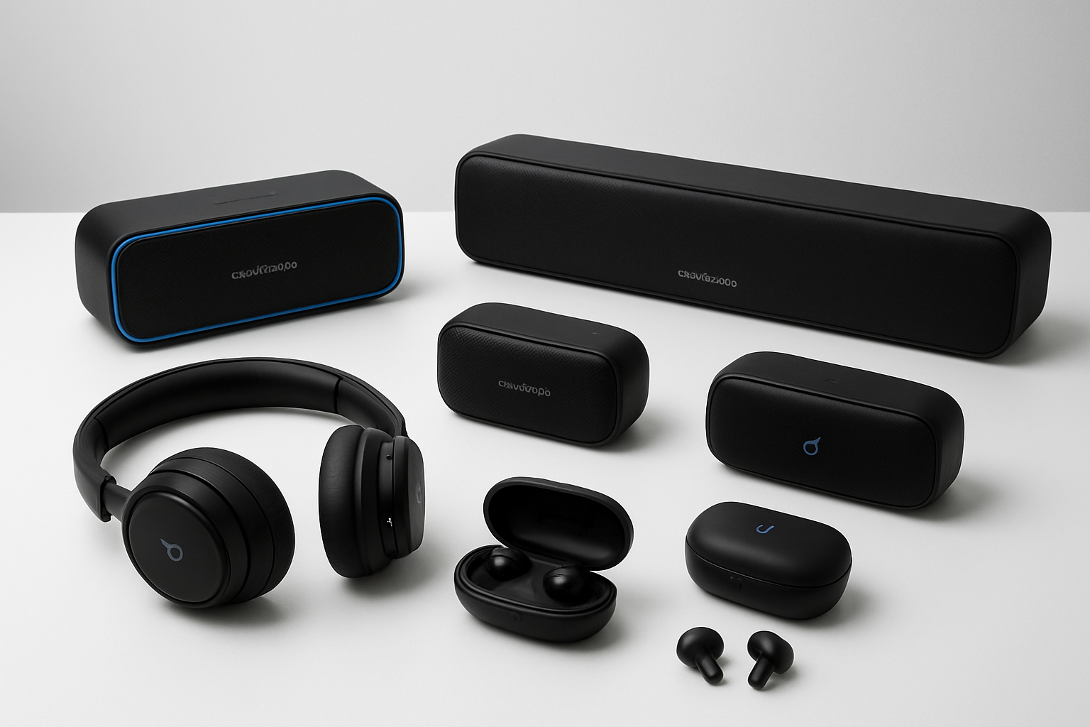 Create a realistic image of a diverse collection of Soundcore by Anker audio products arranged on a clean white surface, featuring wireless earbuds, over-ear headphones, portable Bluetooth speakers in various sizes, and a soundbar, all displaying the distinctive Soundcore design aesthetic with black and blue color schemes, shot with professional studio lighting against a minimalist background with soft shadows, absolutely NO text should be in the scene.