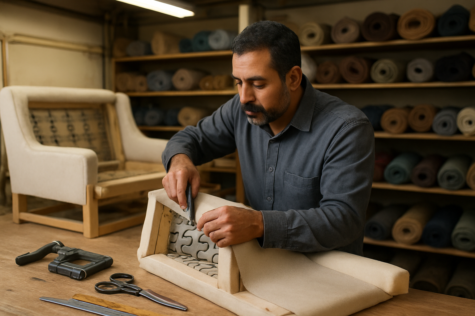 Create a realistic image of a professional upholstery workshop showing the step-by-step sofa manufacturing process, featuring a skilled Middle Eastern male craftsman in his 40s working on a half-finished sofa frame, with various upholstery tools like staplers, fabric scissors, and measuring tape laid out on a wooden workbench, rolls of different colored fabrics neatly organized on shelves in the background, proper workshop lighting illuminating the detailed handwork, foam padding and springs visible on partially completed furniture pieces, creating a professional and organized atmosphere that demonstrates quality craftsmanship, absolutely NO text should be in the scene.