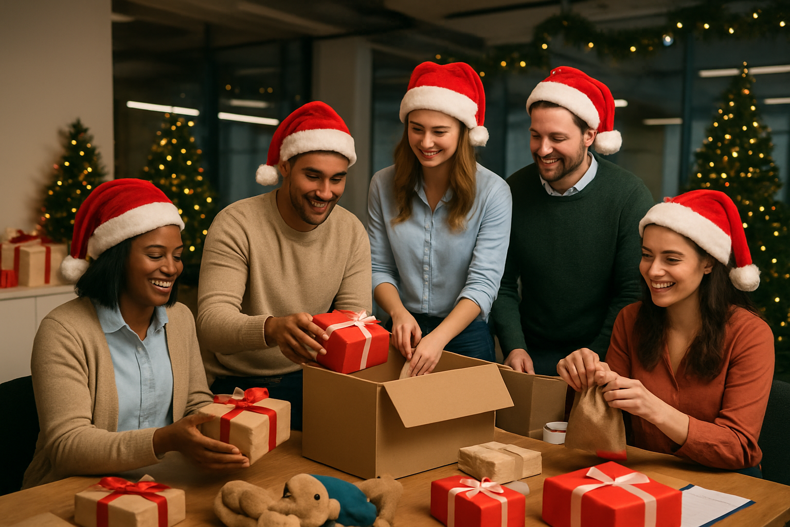 Create a realistic image of a diverse group of corporate employees including white, black, and Hispanic men and women wearing business casual attire and Santa hats, working together to pack Christmas gift boxes and donations at a modern office space decorated with Christmas trees and garland, with wrapped presents, charity donation boxes, and volunteering supplies scattered on tables, warm indoor lighting creating a festive and collaborative atmosphere, showing teamwork and holiday spirit through their smiling faces and coordinated charitable activities, Absolutely NO text should be in the scene.