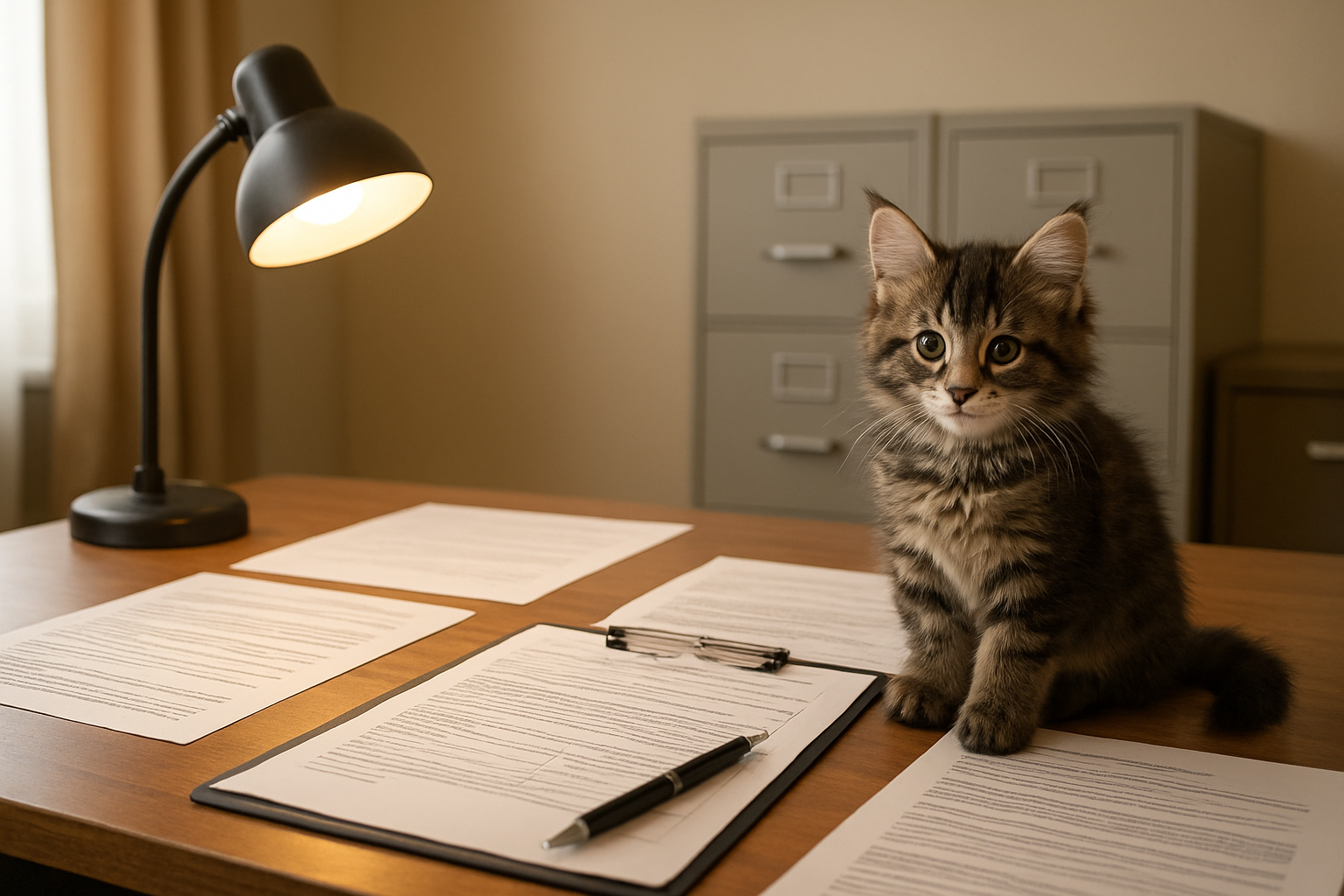 Create a realistic image of a professional adoption center office with a wooden desk displaying official adoption documents and legal papers spread out, a clipboard with forms, a pen, and a small Maine Coon kitten sitting curiously on the corner of the desk next to the paperwork, warm indoor lighting from a desk lamp, clean office environment with filing cabinets in the background, professional yet welcoming atmosphere. Absolutely NO text should be in the scene.