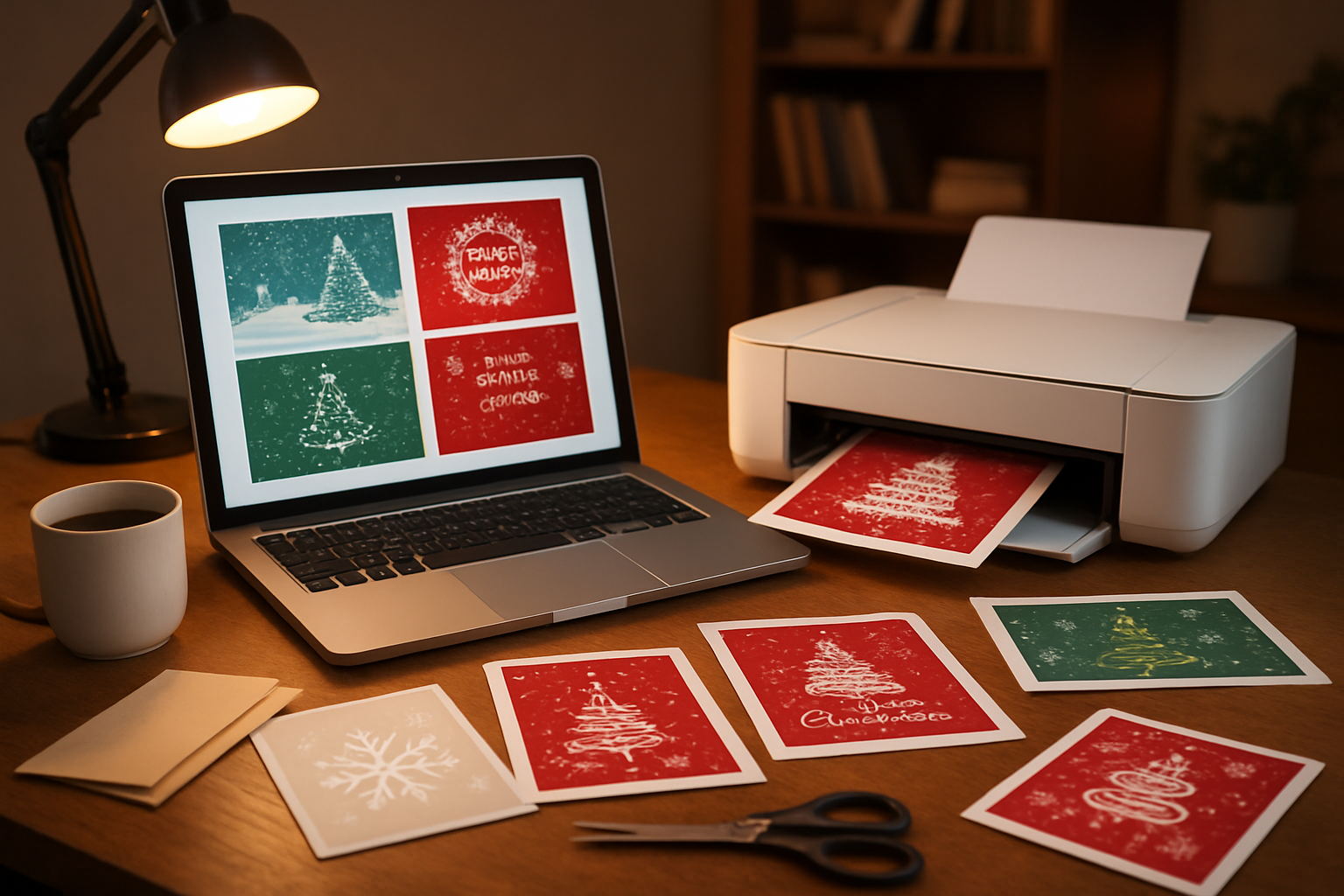 Create a realistic image of a modern home office desk setup featuring a laptop computer displaying digital Christmas and New Year card designs on the screen, with a high-quality color printer nearby showing freshly printed holiday cards, scattered around the desk are various printed Christmas and New Year greeting cards with festive designs including snowflakes, Christmas trees, and celebration motifs, the scene includes a coffee cup, some craft supplies like scissors and paper, warm ambient lighting from a desk lamp creating a cozy atmosphere, the background shows a comfortable home workspace with bookshelves, the overall mood is productive and festive, emphasizing the convenience and quality of digital printable cards, absolutely NO text should be in the scene.