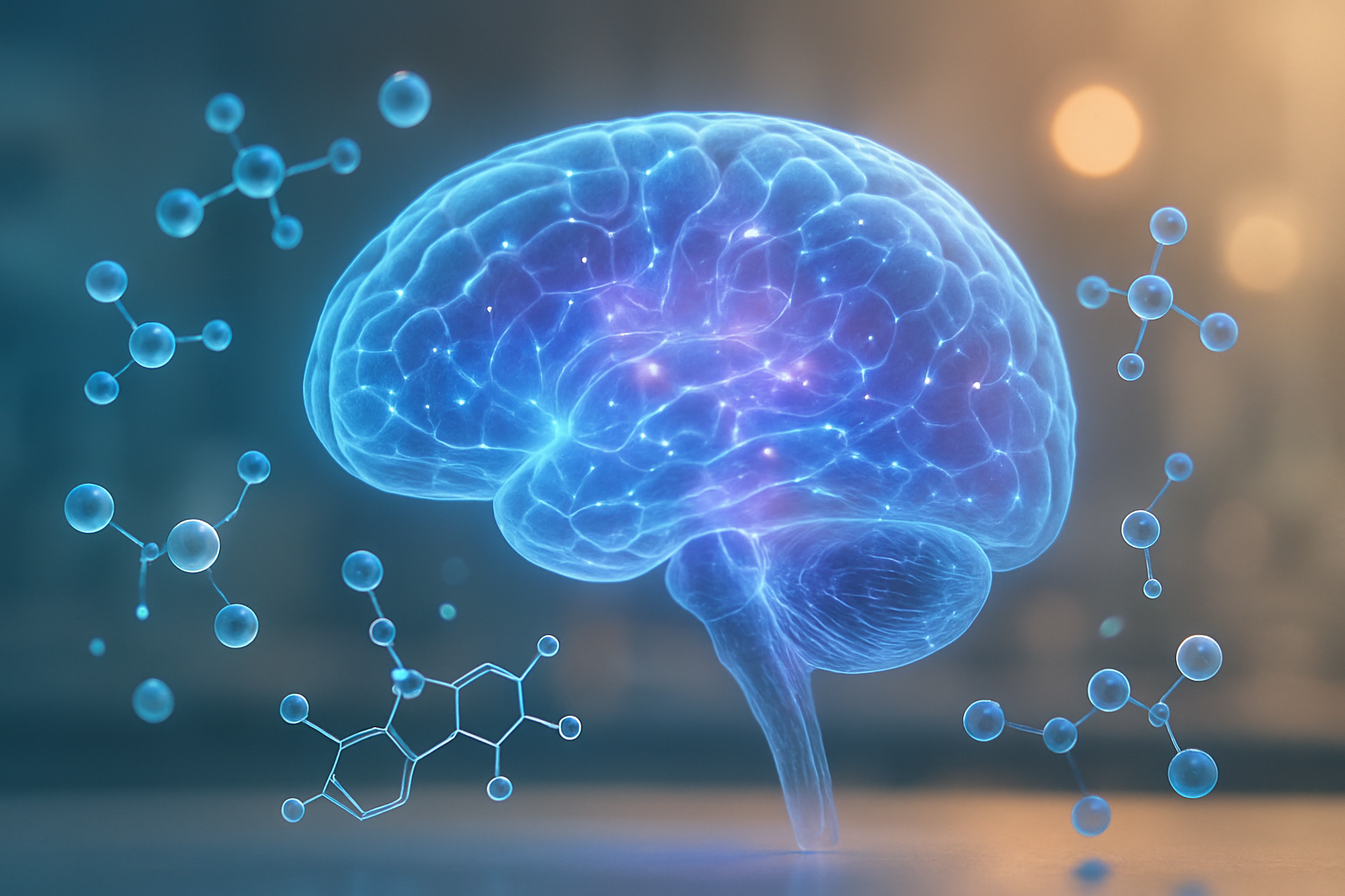 Create a realistic image of a sophisticated scientific illustration showing a translucent human brain in profile view with glowing neural pathways and synaptic connections highlighted in soft blue and purple light, surrounded by floating molecular structures representing neurotransmitters and the ibogaine molecule, set against a clean laboratory background with subtle bokeh lighting effects, conveying a sense of scientific discovery and neurological healing, with warm ambient lighting that suggests hope and therapeutic breakthrough. Absolutely NO text should be in the scene.