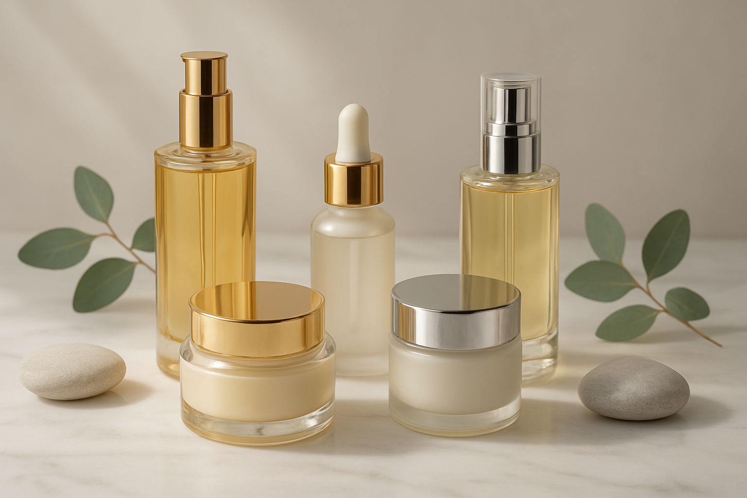 Create a realistic image of elegant luxury skincare products including premium serums, moisturizers, and facial oils in sophisticated glass bottles and jars with gold and silver accents, arranged on a pristine white marble surface with soft natural lighting casting gentle shadows, featuring high-end packaging with minimalist designs, surrounded by subtle elements like fresh eucalyptus leaves and smooth river stones, shot in a clean modern aesthetic with warm diffused lighting that highlights the premium quality and craftsmanship of the products, absolutely NO text should be in the scene.