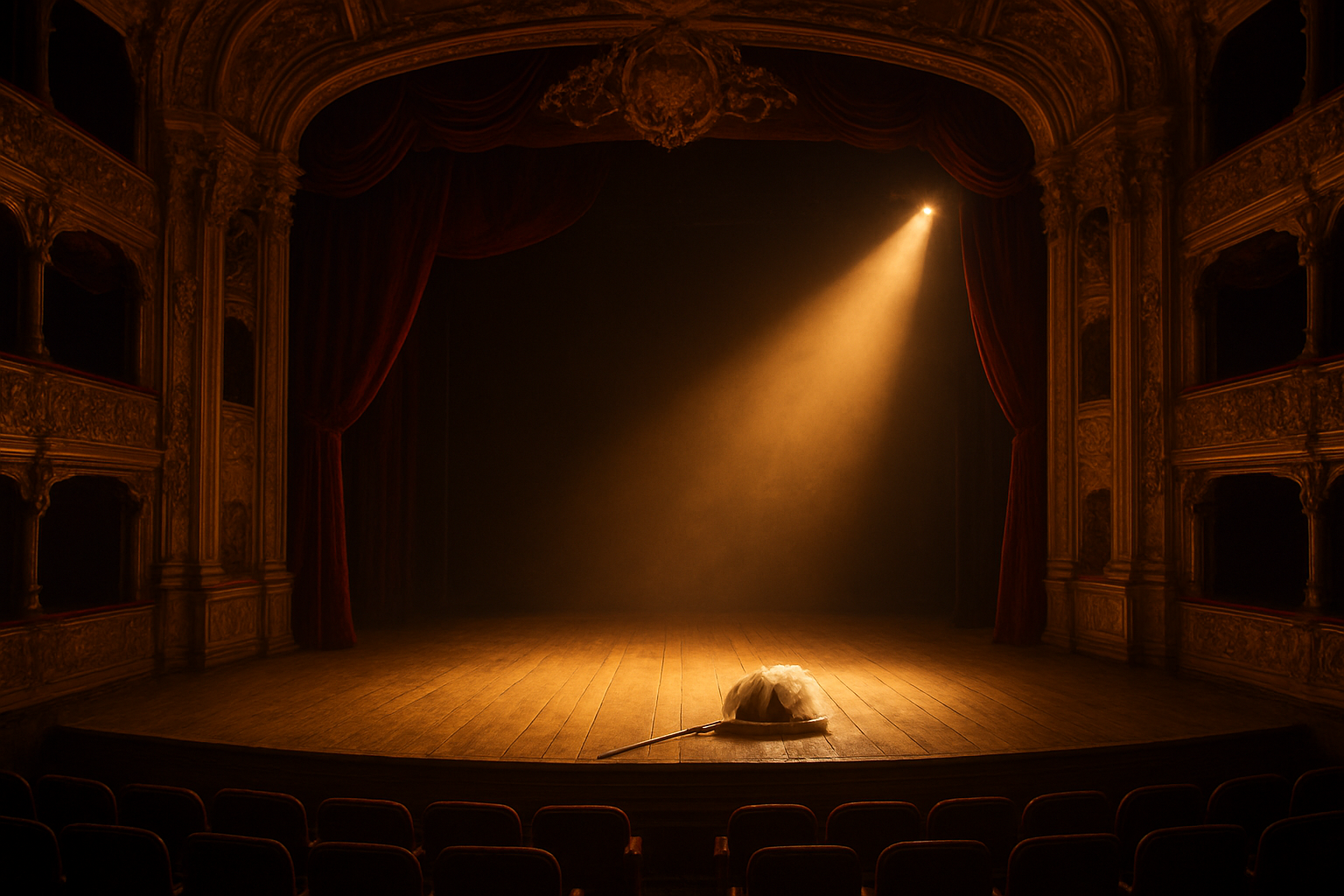 Create a realistic image of an ornate 17th-century French theater stage with dramatic golden spotlighting illuminating center stage, featuring an elegant baroque theater interior with red velvet curtains partially drawn, ornate golden decorative elements on the proscenium arch, empty wooden stage boards suggesting the conclusion of a performance, warm amber lighting creating long shadows across the stage, vintage theater seats barely visible in the darkened audience area, and a single white feathered hat with a sword lying on the stage floor as symbolic props, all conveying the atmospheric conclusion of a classical French dramatic performance, absolutely NO text should be in the scene.