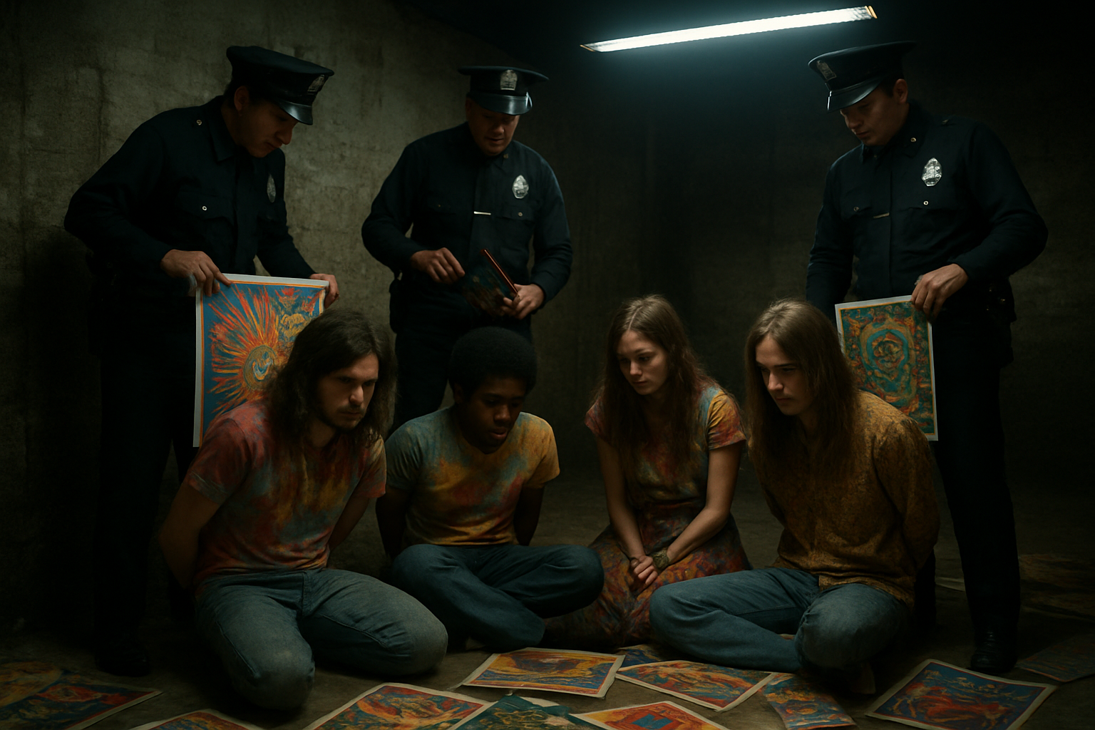 Create A Realistic Image Of A 1960S Police Raid Scene With White Male Officers In Uniforms Confiscating Colorful Psychedelic Posters And Books From A Dimly Lit Underground Venue, While Young White And Black Male And Female Hippies With Long Hair And Tie-Dye Clothing Sit With Their Hands Behind Their Backs Looking Dejected, Surrounded By Scattered Protest Signs And Counterculture Paraphernalia, With Harsh Fluorescent Lighting Casting Dramatic Shadows To Convey The Oppressive Atmosphere Of Government Crackdown On The Psychedelic Movement, Absolutely No Text Should Be In The Scene.