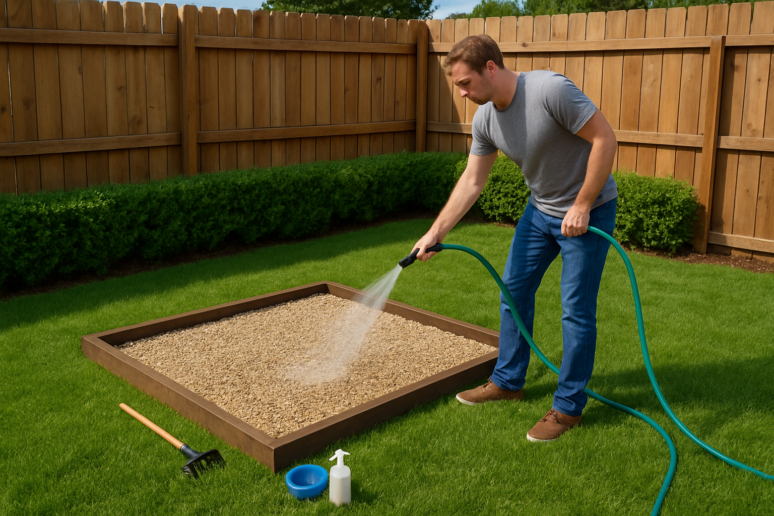 Create a realistic image of a well-maintained designated dog potty area in a backyard showing a white male homeowner in casual clothing using a garden hose to clean and maintain the gravel-covered section, with a small rake and cleaning supplies nearby, surrounded by healthy green grass and a wooden fence, under bright natural daylight that emphasizes the clean and organized appearance of the space, absolutely NO text should be in the scene.