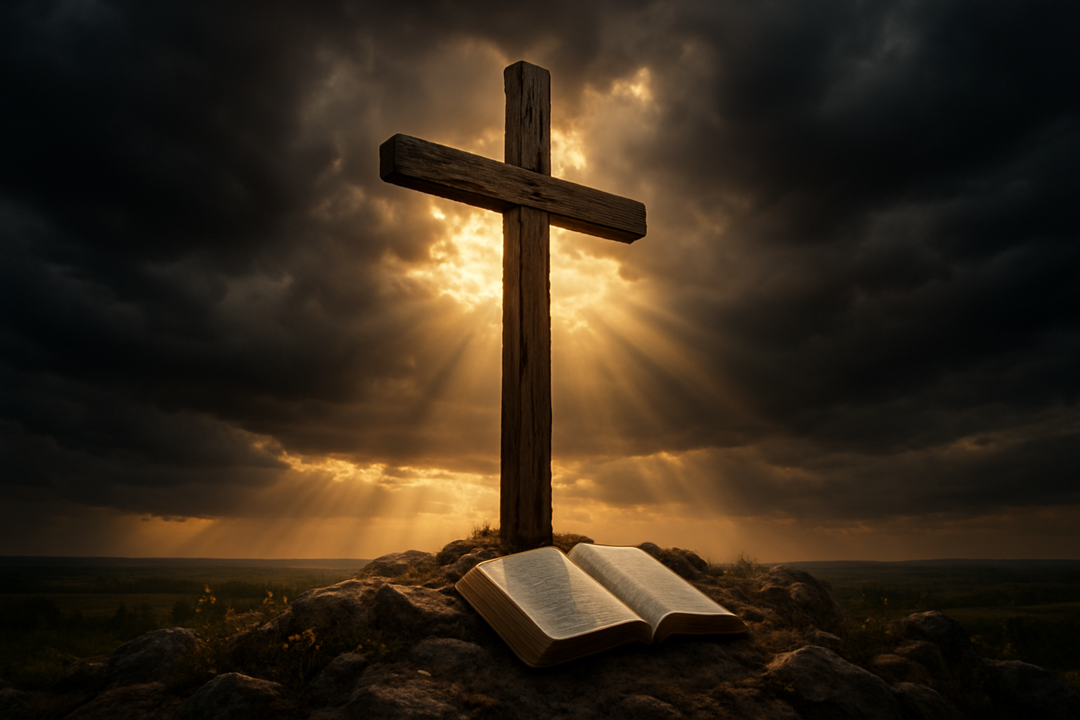 Create a realistic image of a weathered wooden cross standing prominently on a rocky hill against a dramatic sky with dark storm clouds parting to reveal golden sunlight breaking through, casting divine rays of light across the scene, with an open Bible lying at the base of the cross with pages gently fluttering in the breeze, scattered wildflowers growing among the rocks, and a peaceful countryside visible in the distant background, creating a solemn yet hopeful atmosphere that conveys spiritual power and reverence. Absolutely NO text should be in the scene.
