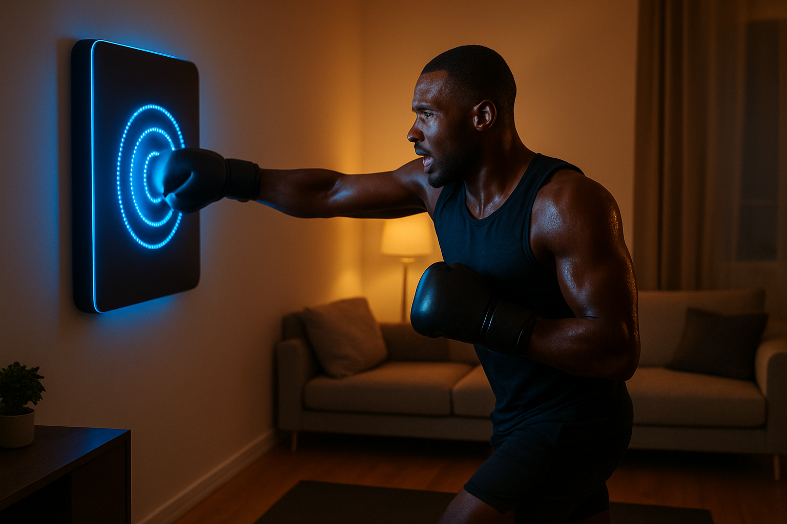 Create a realistic image of a modern home living room converted into a high-tech boxing workout space, featuring an interactive boxing trainer mounted on the wall with LED lights, a black male athlete in athletic wear throwing a powerful punch at the interactive punching surface, sweat visible on his face showing intense workout effort, sleek modern furniture pushed to the sides, smartphone or tablet displaying fitness metrics on a nearby table, warm ambient lighting mixed with cool blue LED lights from the tech equipment, hardwood floors with a workout mat, the scene conveying achievement and satisfaction after completing an effective home workout session, absolutely NO text should be in the scene.