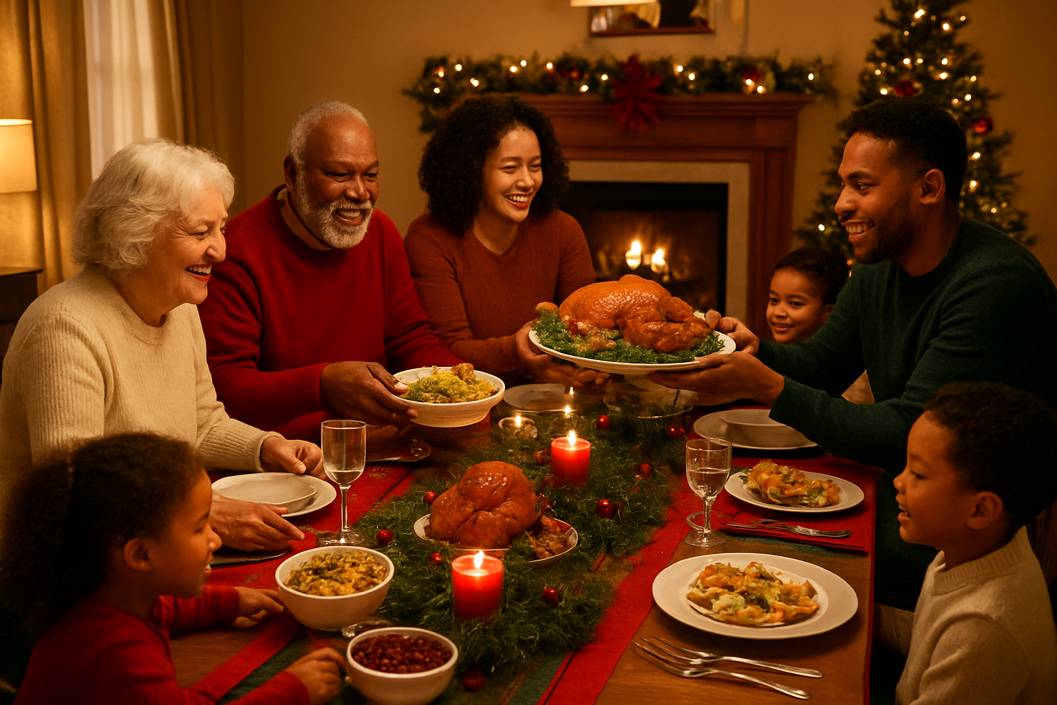 Create a realistic image of a festive Christmas dining table with a multi-generational family gathered around, featuring a white grandmother and black grandfather seated alongside a mixed-race mother and father with their children, all preparing and sharing traditional Christmas dishes like roasted turkey, ham, stuffing, cranberry sauce, and Christmas cookies, with the table decorated with red and green table runners, pine garland, candles, and holiday centerpieces, set in a warm, cozy dining room with soft golden lighting from overhead fixtures and the warm glow of a fireplace in the background, capturing the joy and togetherness of family members actively serving food, passing dishes, and engaging in conversation, absolutely NO text should be in the scene.
