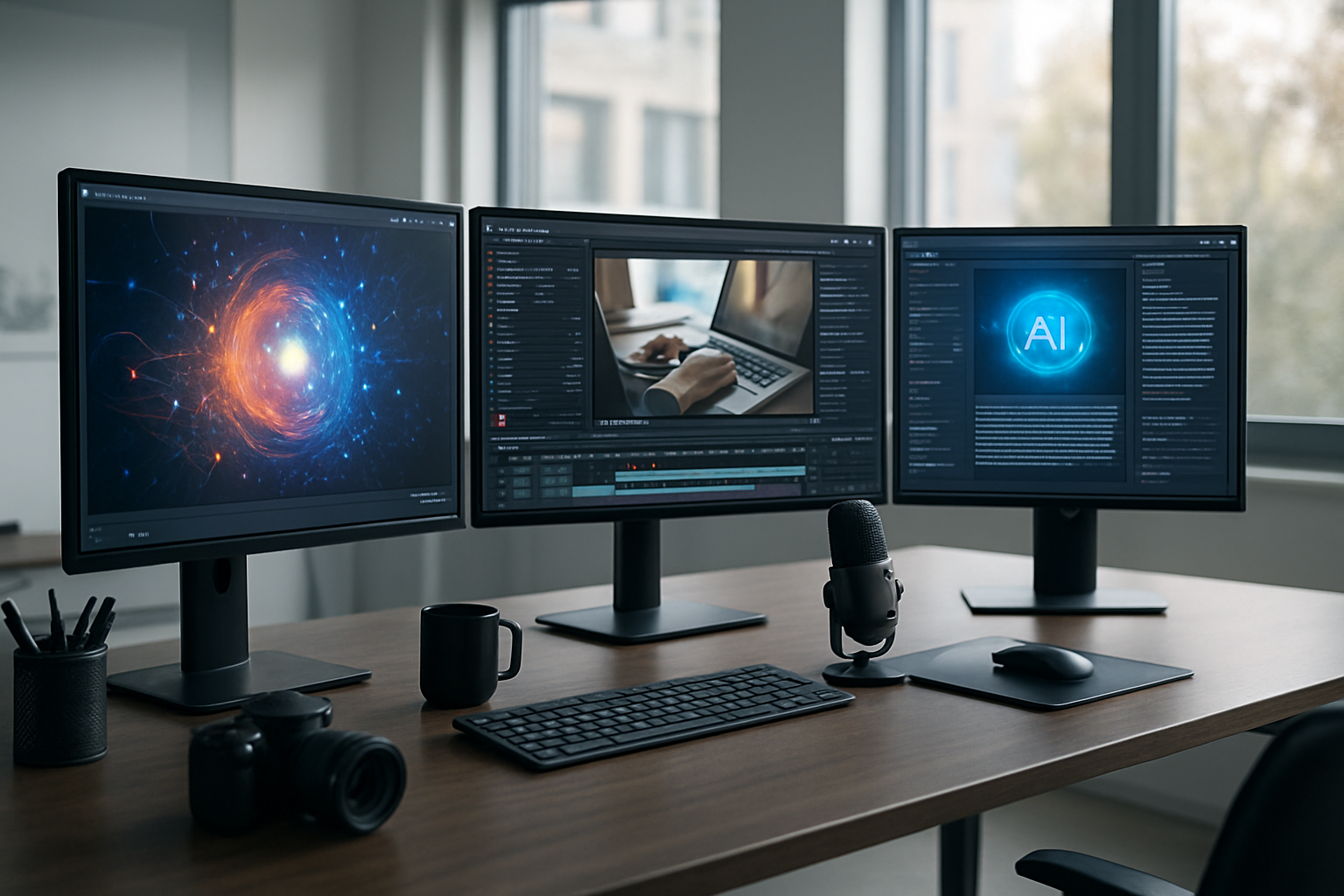 Create a realistic image of a modern digital workspace featuring multiple computer monitors displaying AI-powered content creation tools, with digital graphics, video editing interfaces, and automated writing assistants visible on screens, surrounded by creative elements like cameras, microphones, and design tablets on a sleek desk, set in a contemporary office environment with soft natural lighting from large windows, conveying innovation and technological advancement in media production, absolutely NO text should be in the scene.