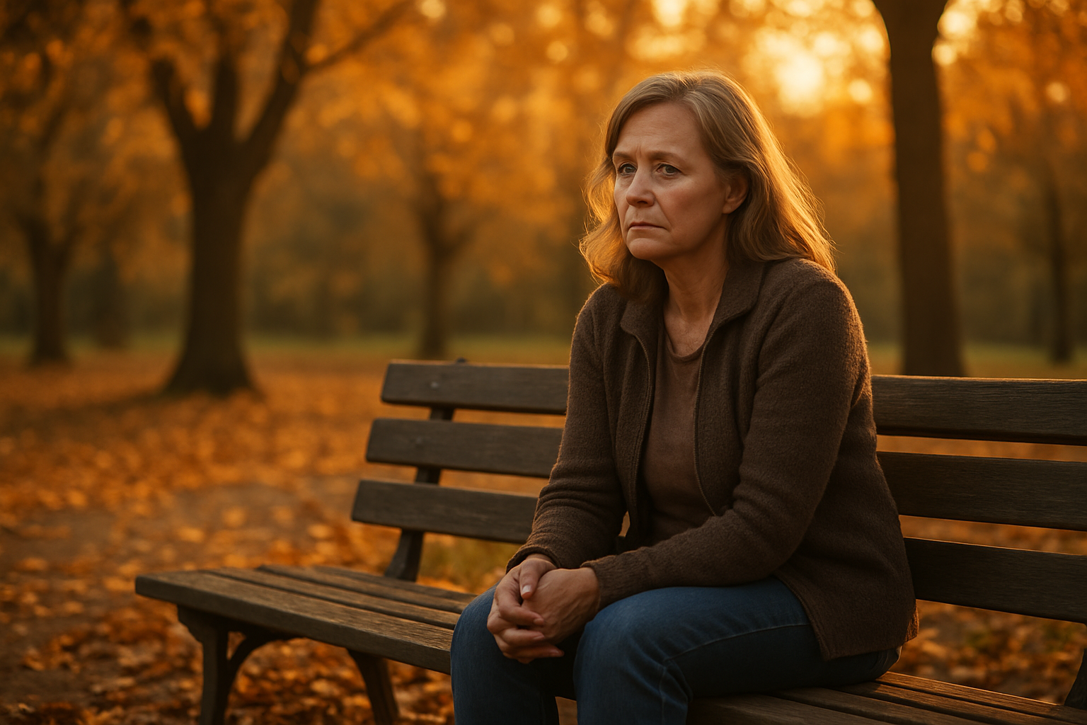 Create a realistic image of a middle-aged white female sitting alone on a park bench during golden hour, her posture slightly hunched forward with hands gently clasped, gazing thoughtfully into the distance with a bittersweet expression that conveys both sadness and quiet strength, surrounded by autumn trees with fallen leaves scattered on the ground, soft warm lighting filtering through the branches creating a contemplative and melancholic atmosphere that suggests resilience through difficult times, absolutely NO text should be in the scene.