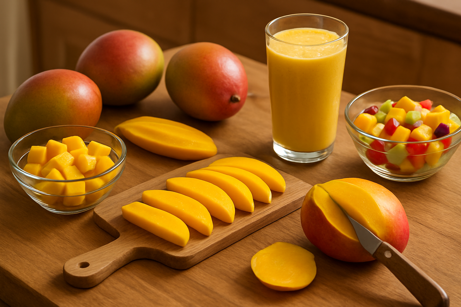 Create a realistic image of a kitchen countertop scene showcasing various mango preparation methods with whole ripe mangoes, mango slices arranged on a wooden cutting board, diced mango pieces in a glass bowl, a mango being peeled with a knife, fresh mango smoothie in a tall glass, and mango chunks being added to a colorful fruit salad, with natural kitchen lighting and warm wooden surfaces creating an inviting culinary atmosphere, absolutely NO text should be in the scene.