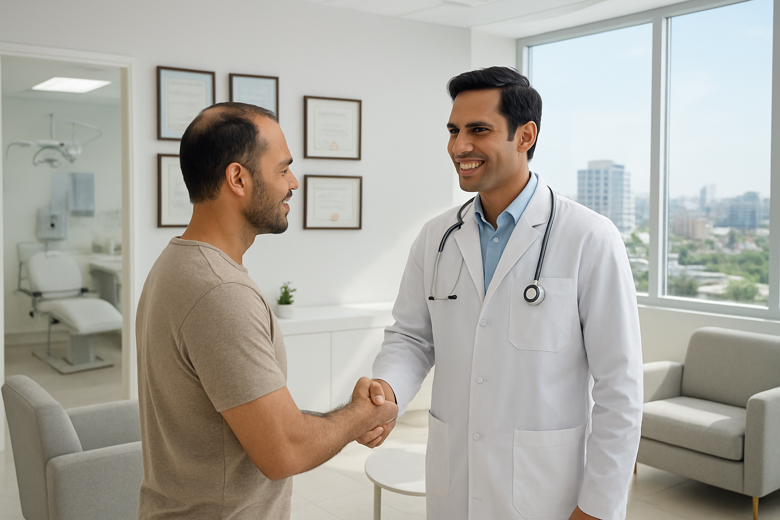 Create a realistic image of a modern, upscale hair transplant clinic in Bangalore with a clean, white reception area featuring comfortable seating, medical certificates and awards displayed on the walls, a South Asian male patient with visible hair restoration results shaking hands with a confident South Asian male doctor in a white coat, large windows showing the Bangalore cityscape in the background, bright natural lighting creating a professional and reassuring atmosphere, with medical equipment subtly visible in the adjacent treatment rooms, conveying trust, expertise, and successful outcomes in hair restoration, absolutely NO text should be in the scene.