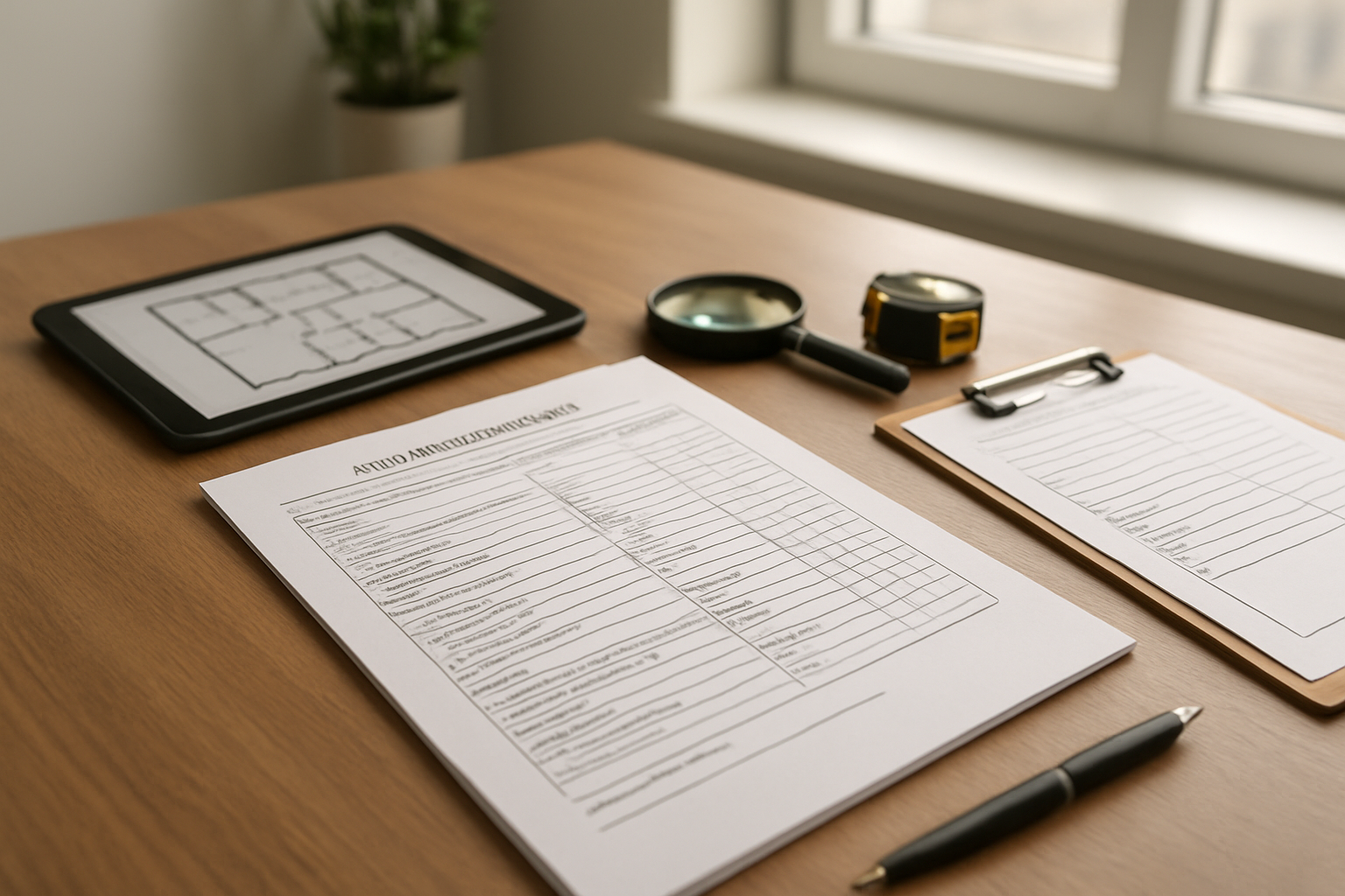 Create a realistic image of a professional desk scene with an open property inspection checklist document showing various sections and categories, surrounded by inspection tools including a digital tablet displaying floor plans, a magnifying glass, measuring tape, a clipboard with inspection forms, and a pen, set against a clean office background with soft natural lighting from a window, creating a professional and organized atmosphere that represents comprehensive property assessment documentation, absolutely NO text should be in the scene.