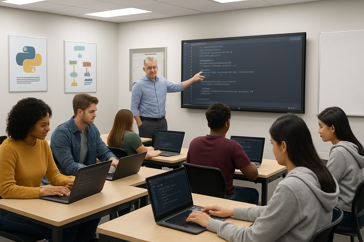 Create a realistic image of a modern university computer science classroom with diverse students of different races and genders sitting at desks with laptops displaying Python code on their screens, a white male professor pointing at a large wall-mounted monitor showing Python programming examples, educational posters about programming languages on the walls, bright fluorescent lighting creating a focused learning atmosphere, students actively engaged in coding activities, modern classroom furniture and technology equipment visible throughout the scene, absolutely NO text should be in the scene.