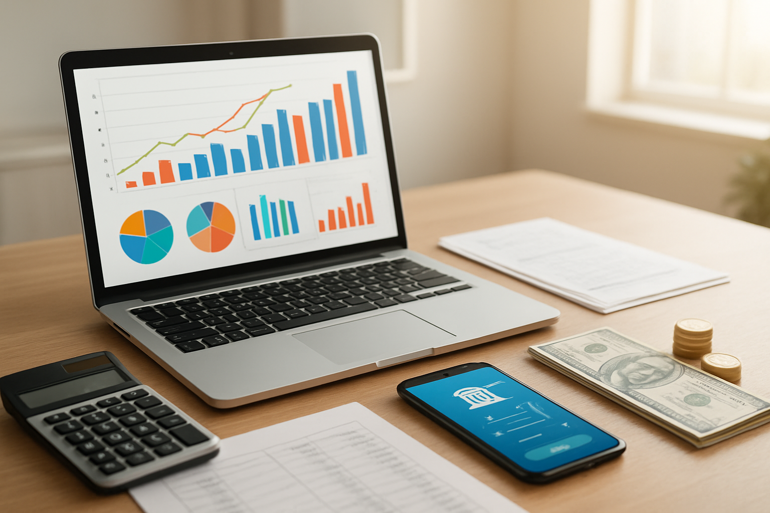 Create a realistic image of a modern, clean desk setup featuring a laptop computer displaying colorful financial charts and graphs, with a smartphone showing banking app interface nearby, a calculator, and some organized paperwork with financial documents, surrounded by a few stacks of coins and dollar bills, set against a bright, professional office background with soft natural lighting from a window, conveying success and financial growth through warm, optimistic lighting and organized composition, absolutely NO text should be in the scene.