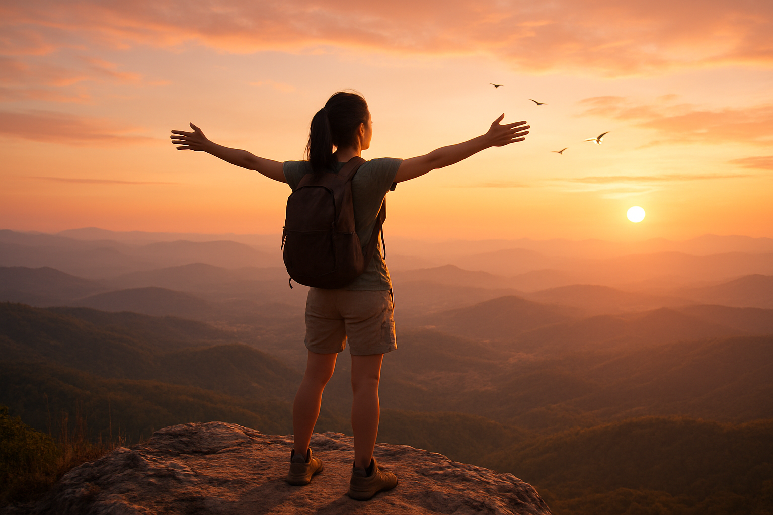 Create a realistic image of a determined young Asian female standing at the edge of a mountain cliff at sunrise, arms stretched wide towards the horizon, wearing casual hiking attire, with a vast landscape of rolling hills and distant peaks bathed in golden morning light below, birds soaring in the sky, symbolizing freedom and bold action towards goals, with warm orange and pink hues filling the scene, absolutely NO text should be in the scene.