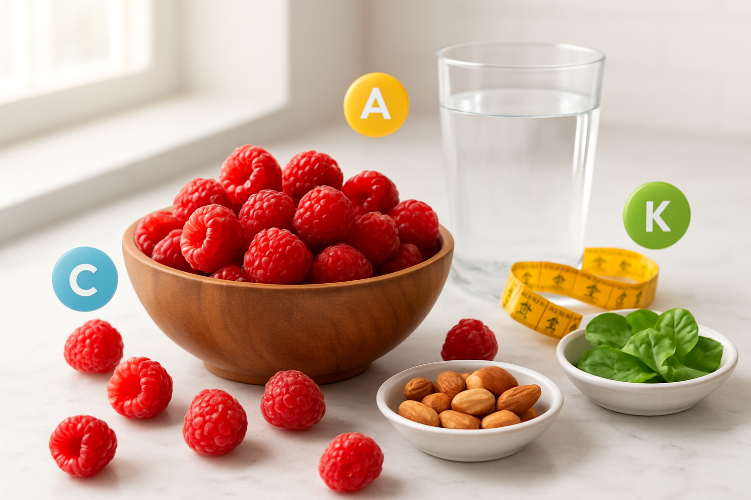 Create a realistic image of fresh red raspberries arranged in a wooden bowl with scattered individual berries around it, alongside visual representations of nutritional elements like vitamin icons or healthy lifestyle symbols such as a glass of water, measuring tape, and small portions of nuts or leafy greens, set on a clean white marble kitchen countertop with soft natural lighting from a window, creating a bright and healthy atmosphere that conveys wellness and nutrition, absolutely NO text should be in the scene.