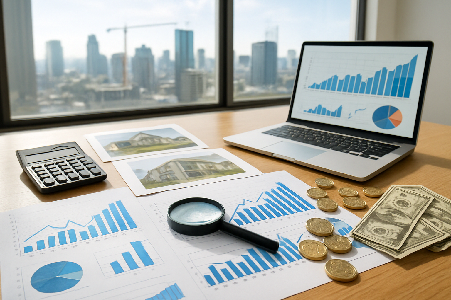 Create a realistic image of a modern office desk with financial charts and graphs showing upward trends, real estate property listings with photos of houses and apartments, a calculator, magnifying glass examining property documents, gold coins and dollar bills scattered around, a laptop displaying property investment data, and a city skyline with construction cranes visible through a large window in the background, bright natural lighting creating an optimistic business atmosphere, absolutely NO text should be in the scene.