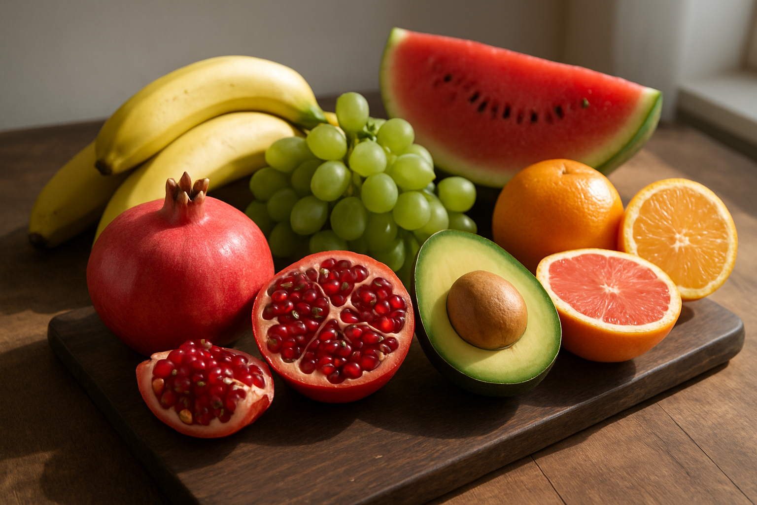 Create a realistic image of an assortment of testosterone-boosting fruits including pomegranates (whole and cut showing ruby seeds), bananas, avocados (halved showing the pit), watermelon slices, grapes, and citrus fruits arranged on a dark wooden cutting board with natural morning sunlight streaming in from the side, creating a clean and healthy kitchen atmosphere with subtle shadows, absolutely NO text should be in the scene.