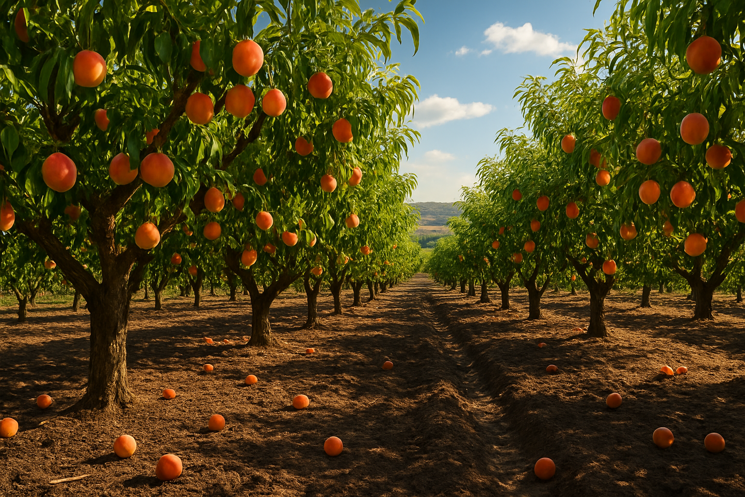 Create a realistic image of a flourishing peach orchard with rows of mature peach trees heavy with ripe orange-pink peaches, rich dark soil beneath the trees, rolling hills in the background, warm golden sunlight filtering through the green foliage creating dappled shadows on the ground, clear blue sky with a few white clouds, some fallen peaches scattered naturally on the earth, irrigation channels visible between tree rows, and a peaceful rural farming atmosphere. Absolutely NO text should be in the scene.