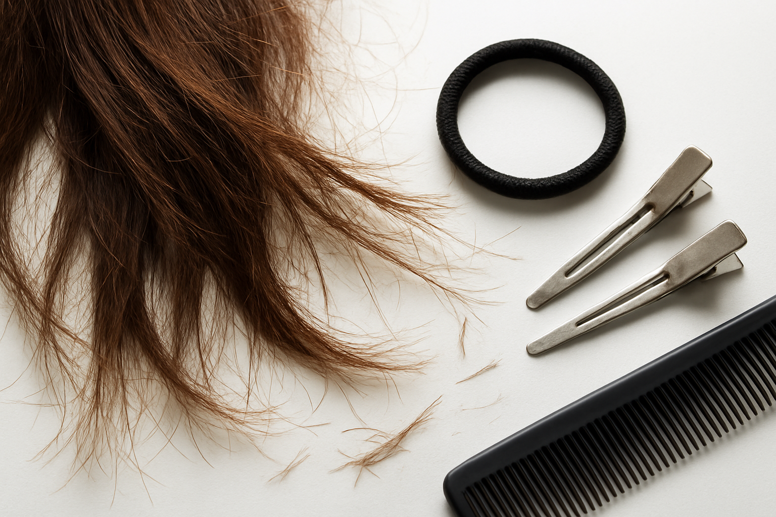 Create a realistic image of a close-up view showing damaged hair strands with visible breakage and split ends, alongside hair styling tools including a tight hair elastic, metal hair clips, and a fine-tooth comb, with some broken hair strands scattered on a clean white surface, soft natural lighting highlighting the texture and damage of the hair, creating a cautionary mood about harmful styling practices, absolutely NO text should be in the scene.