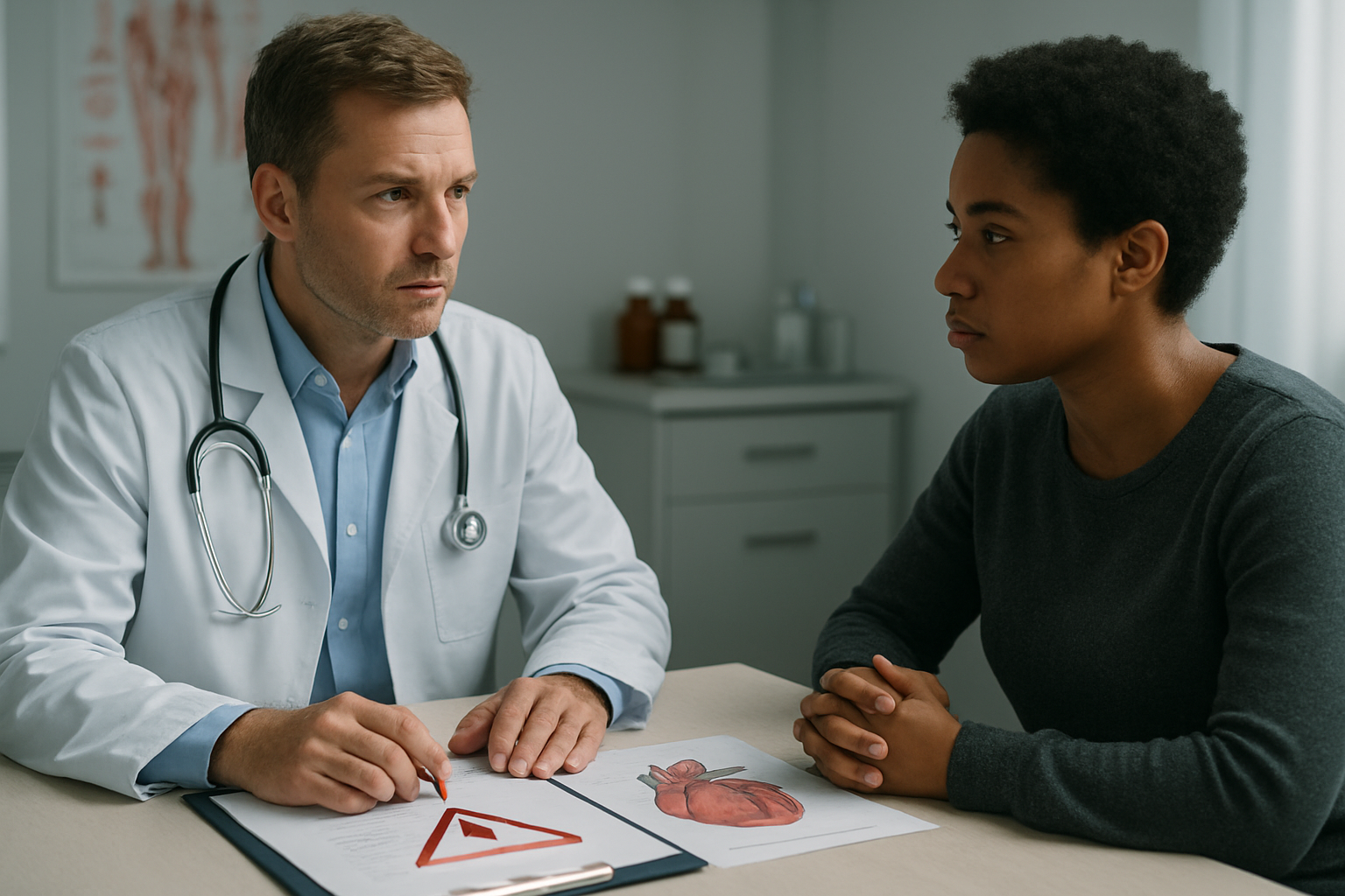 Create a realistic image of a medical consultation scene with a white male doctor in a white coat sitting across from a diverse patient, with medical charts and warning symbols visible on the desk between them, prescription bottles and medical equipment in the background, serious and professional atmosphere with soft clinical lighting, emphasizing the importance of medical supervision and safety protocols, absolutely NO text should be in the scene.