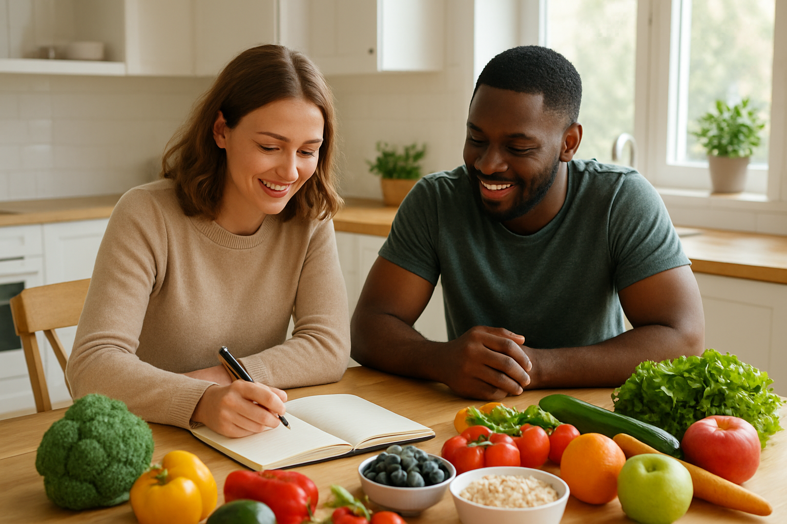 Create a realistic image of a diverse group including a white female and black male sitting at a wooden kitchen table with fresh colorful vegetables, fruits, whole grains, and a meal planning notebook spread out, surrounded by a bright modern kitchen with natural sunlight streaming through windows, creating a warm and motivational atmosphere that conveys thoughtful meal preparation and healthy lifestyle choices, absolutely NO text should be in the scene.