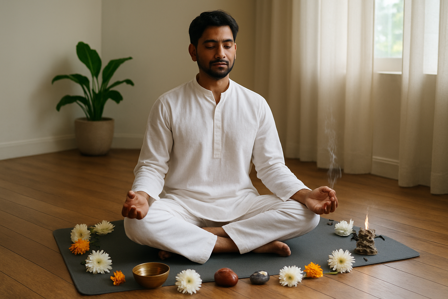 செவ்வாய் Create a realistic image of a serene meditation scene with a South Asian male in white clothing sitting cross-legged in lotus position on a yoga mat, surrounded by protective spiritual elements including burning sage, crystals (red jasper and hematite), a small brass bowl with water, and fresh flowers arranged in a circle around him, set in a peaceful indoor space with soft natural lighting filtering through sheer curtains, wooden floors, and minimalist decor creating a harmonious atmosphere for spiritual protection and balance, Absolutely NO text should be in the scene.