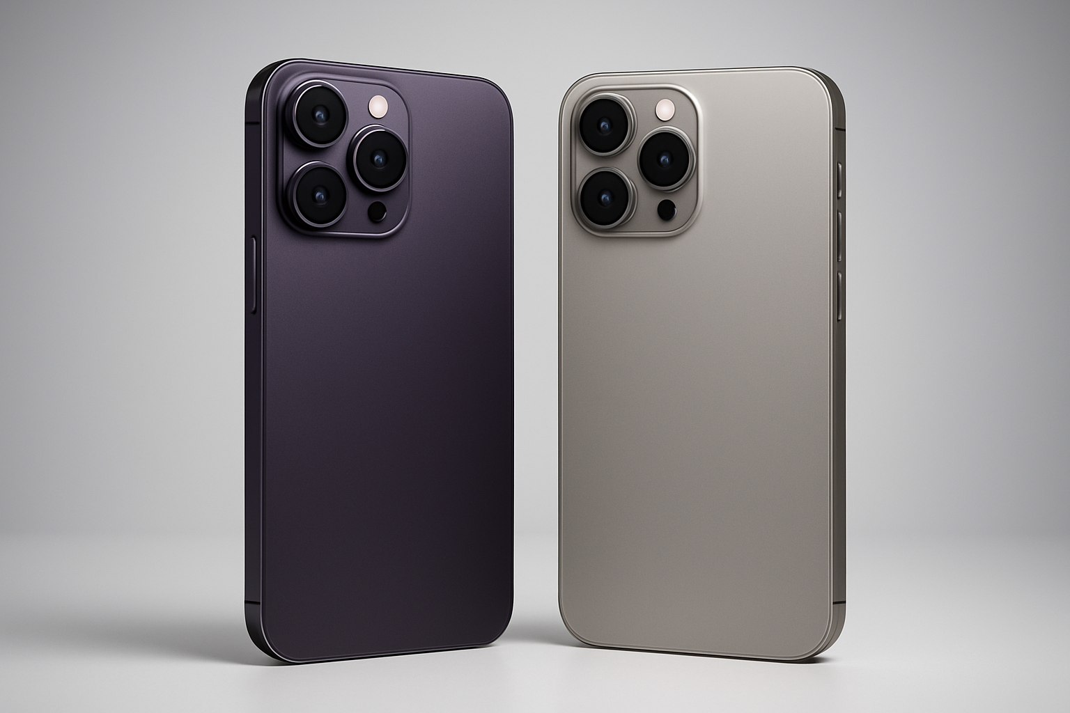 Create a realistic image of two modern smartphones positioned side by side on a clean white surface with subtle shadows, showing the latest iPhone models in premium colors like deep purple and natural titanium, with soft professional lighting highlighting their sleek designs and camera systems, creating a minimalist tech comparison scene with a neutral gradient background transitioning from light gray to white, absolutely NO text should be in the scene.