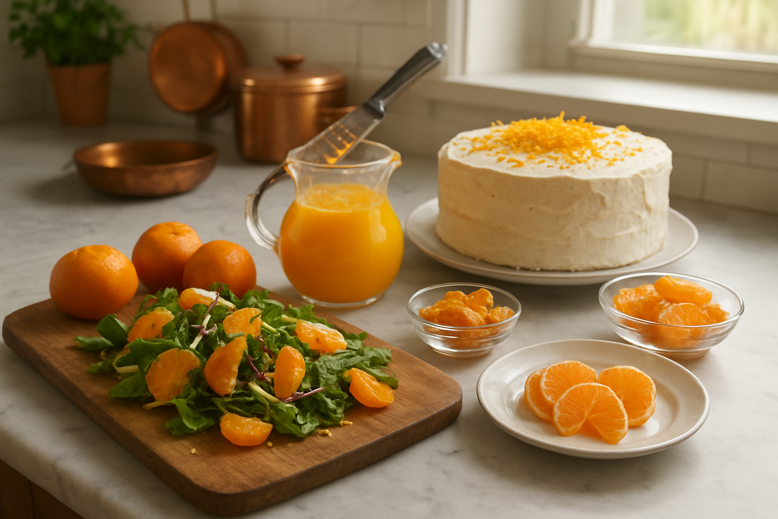 Create a realistic image of a beautifully arranged kitchen scene showcasing various culinary uses of clementines beyond simple snacking, featuring a wooden cutting board with fresh clementine segments being incorporated into a colorful salad, a glass pitcher of fresh clementine juice, clementine zest being grated over a partially frosted cake, candied clementine peels in a small glass bowl, and clementine slices arranged as garnish on elegant dishes, all set on a marble countertop with soft natural lighting from a nearby window, warm and inviting kitchen atmosphere with copper cookware and fresh herbs visible in the background, absolutely NO text should be in the scene.