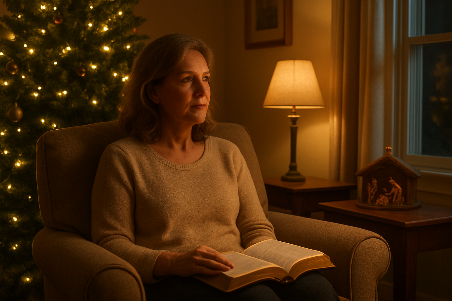 Create a realistic image of a peaceful indoor scene showing a middle-aged white female sitting in a comfortable armchair near a softly lit Christmas tree, holding an open Bible in her lap while gazing thoughtfully toward a window, with warm golden lighting from table lamps creating a serene atmosphere, simple Christmas decorations like a small nativity scene on a nearby table, and soft shadows suggesting quiet contemplation and spiritual reflection, absolutely NO text should be in the scene.