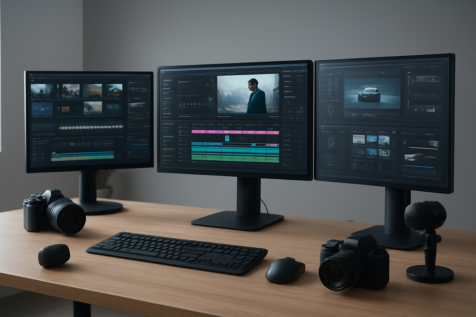 Create a realistic image of a modern digital workspace showing multiple computer monitors displaying video editing software interfaces with AI-powered tools and features, professional video timeline editors, automated scene suggestions, and sleek dashboard controls, surrounded by high-end recording equipment like cameras and microphones that appear unused, with a clean minimalist office background featuring soft ambient lighting that emphasizes the advanced technology setup, conveying a professional and innovative atmosphere where AI handles the heavy lifting of video production. Absolutely NO text should be in the scene.