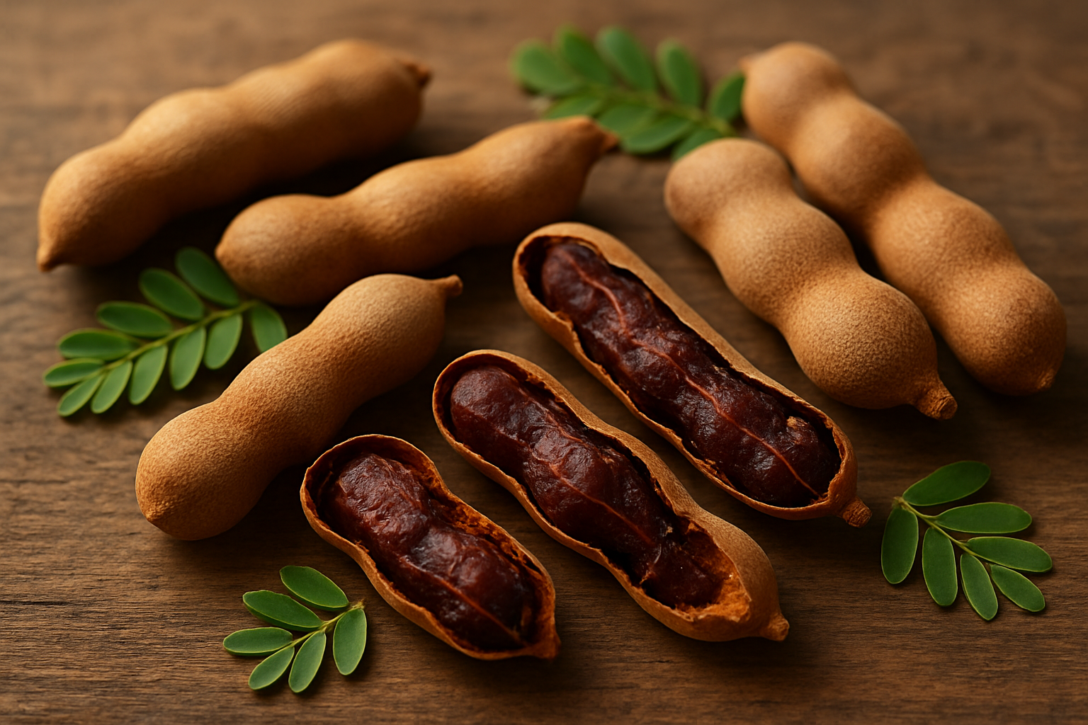 Create a realistic image of fresh tamarind pods in their natural brown curved shells, some opened to reveal the dark sticky pulp inside, arranged on a rustic wooden surface with a few tamarind leaves scattered around, soft natural lighting highlighting the textural details of the pods and their tangy flesh, warm earthy tones creating an inviting superfruit presentation, absolutely NO text should be in the scene.