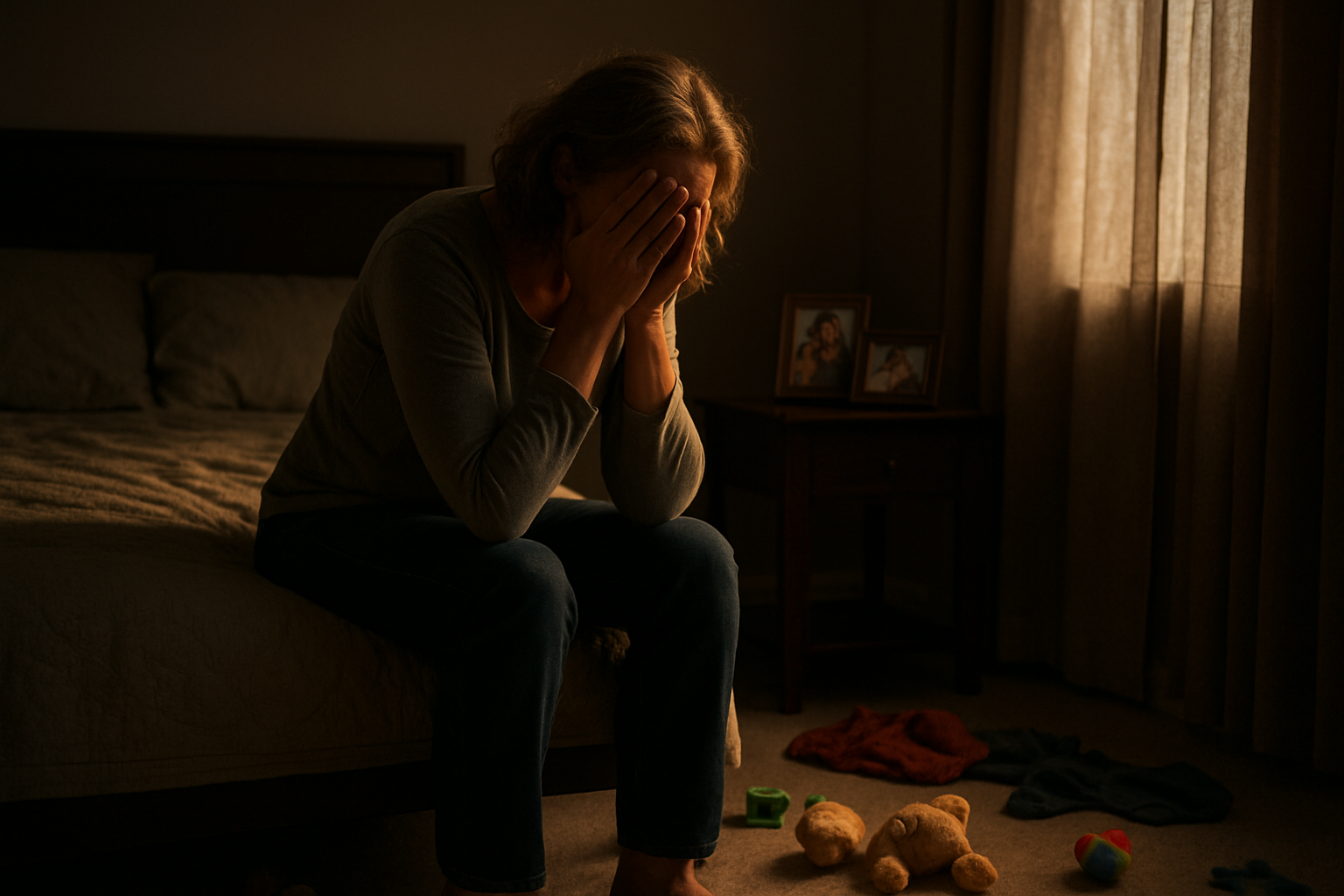 Create a realistic image of a tired middle-aged white female mother sitting alone on the edge of her bed in a dimly lit bedroom, hands covering her face in exhaustion, with scattered children's toys and clothes on the floor around her, soft evening light filtering through partially closed curtains creating shadows that emphasize her isolation and emotional burden, while family photos on the nightstand show happier moments, absolutely NO text should be in the scene.