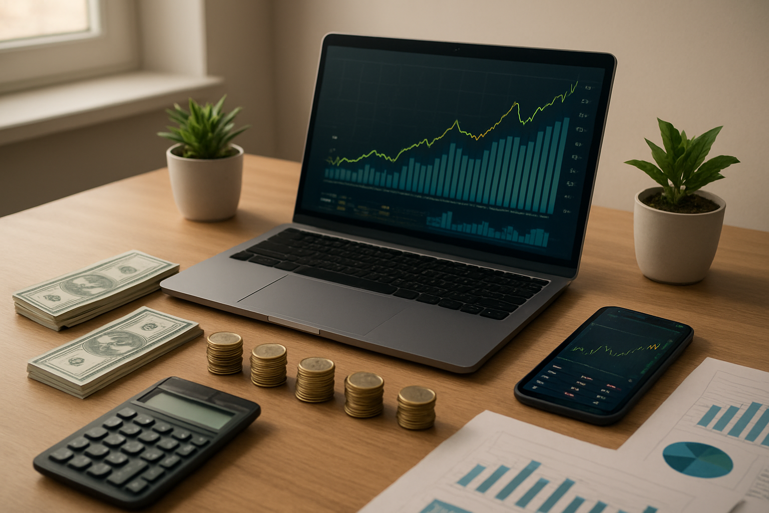 Create a realistic image of a modern workspace showing investment and passive income concepts with a laptop displaying financial charts and graphs, stacks of coins and dollar bills arranged neatly, a smartphone showing a stock trading app, small potted plants representing growth, a calculator, and investment-related documents spread on a clean wooden desk, soft natural lighting from a window creating a professional and aspirational atmosphere, warm and inviting mood suggesting financial success and smart money management, absolutely NO text should be in the scene.