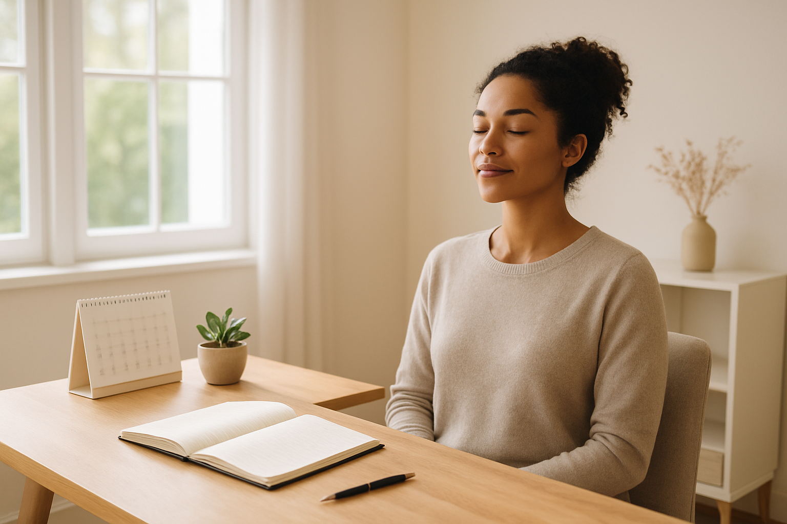 Create a realistic image of a serene person of mixed race, female, sitting peacefully in a bright, organized home office space with natural morning light streaming through large windows, surrounded by elements symbolizing balance and boundaries such as a neatly organized desk, a small potted plant, an open journal, and a calendar showing the new year, with the overall scene conveying a sense of accomplishment, clarity, and renewed energy for maintaining healthy life boundaries, featuring warm lighting and a clean, minimalist aesthetic that suggests personal growth and intentional living, absolutely NO text should be in the scene.