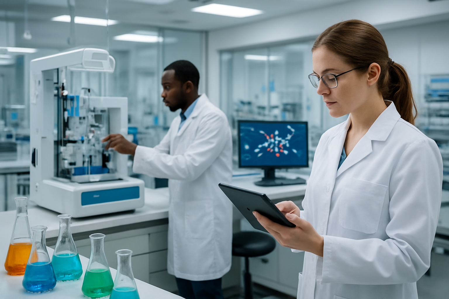 Create a realistic image of a modern pharmaceutical laboratory with advanced scientific equipment including molecular modeling computers displaying 3D drug compound structures, high-tech microscopes, automated liquid handling systems, and glass beakers with colorful chemical solutions, featuring a diverse team of scientists including a white female researcher in a lab coat examining data on a tablet and a black male scientist operating sophisticated machinery, with bright fluorescent lighting creating a clean professional atmosphere, conveying innovation and cutting-edge biotechnology research, absolutely NO text should be in the scene.