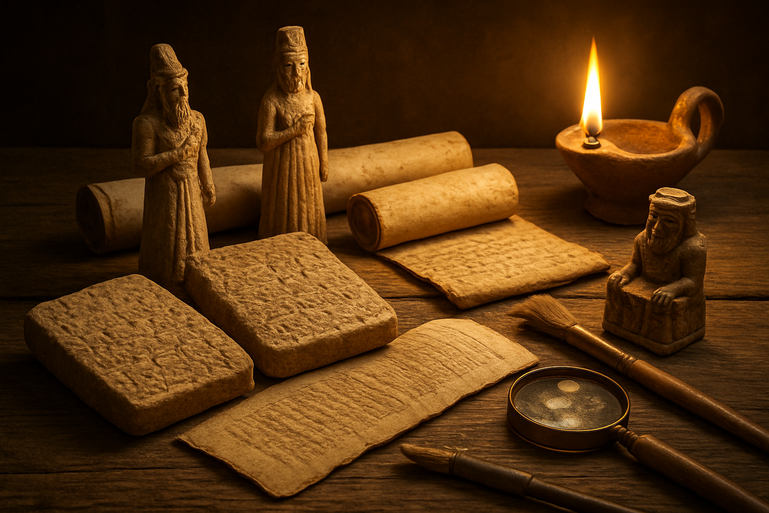 Create a realistic image of ancient stone tablets and scrolls arranged on a weathered wooden table, with carved figurines of ancient Near Eastern deities including Baal, Asherah, and Molech positioned nearby, archaeological tools like brushes and magnifying glasses scattered around, warm golden lighting from an oil lamp casting shadows across the scene, creating a scholarly atmosphere that bridges ancient pagan religions with biblical scholarship, absolutely NO text should be in the scene.
