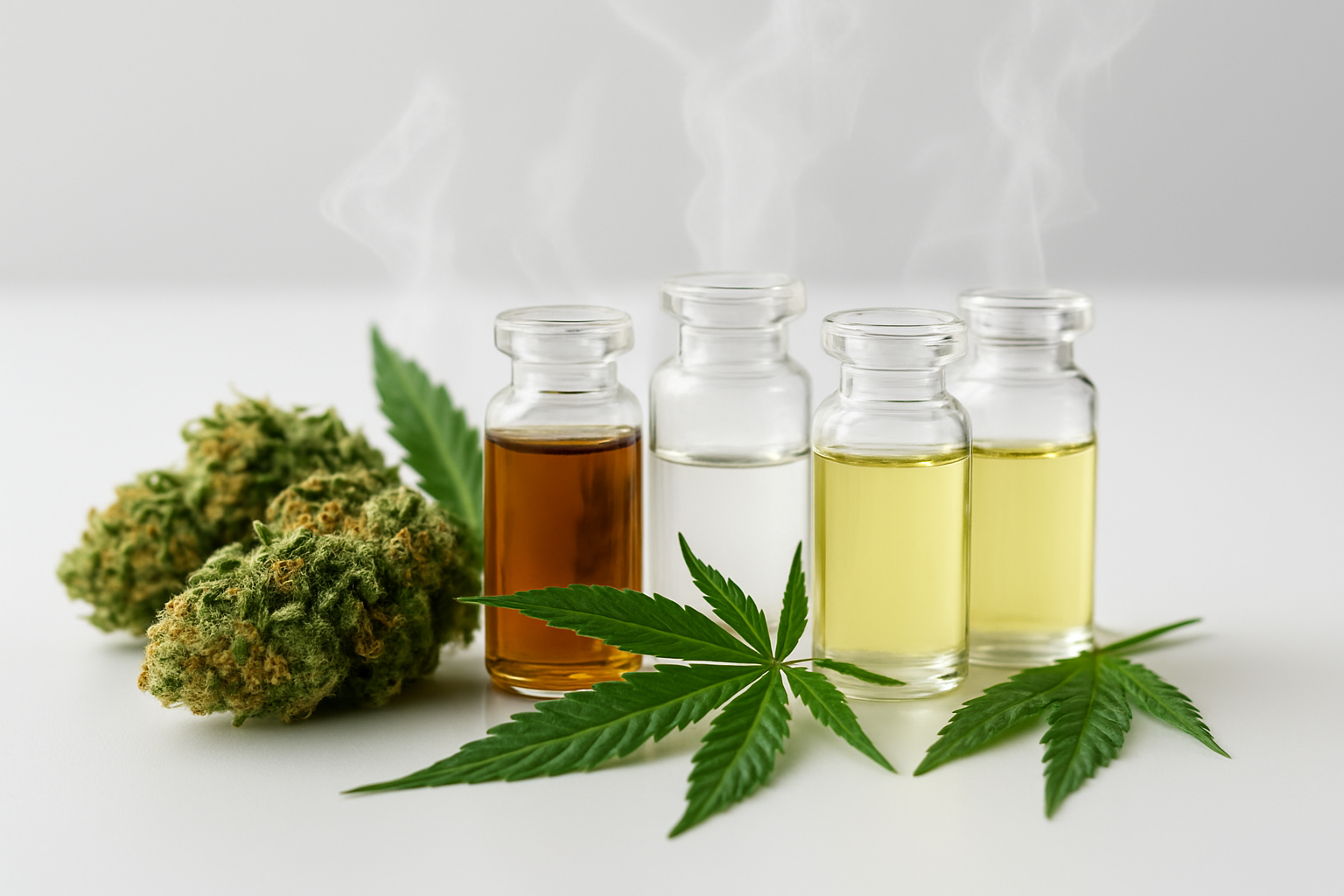 Create a realistic image of a close-up view of fresh cannabis buds and leaves arranged alongside small glass vials containing different colored essential oils and terpene extracts, with visible aromatic vapor wisps rising from the oils, set against a clean white laboratory background with soft, even lighting that highlights the rich green textures of the cannabis plant material and the amber, clear, and pale yellow hues of the terpene samples, creating a scientific yet natural atmosphere that emphasizes the diversity of aromatic compounds, absolutely NO text should be in the scene.