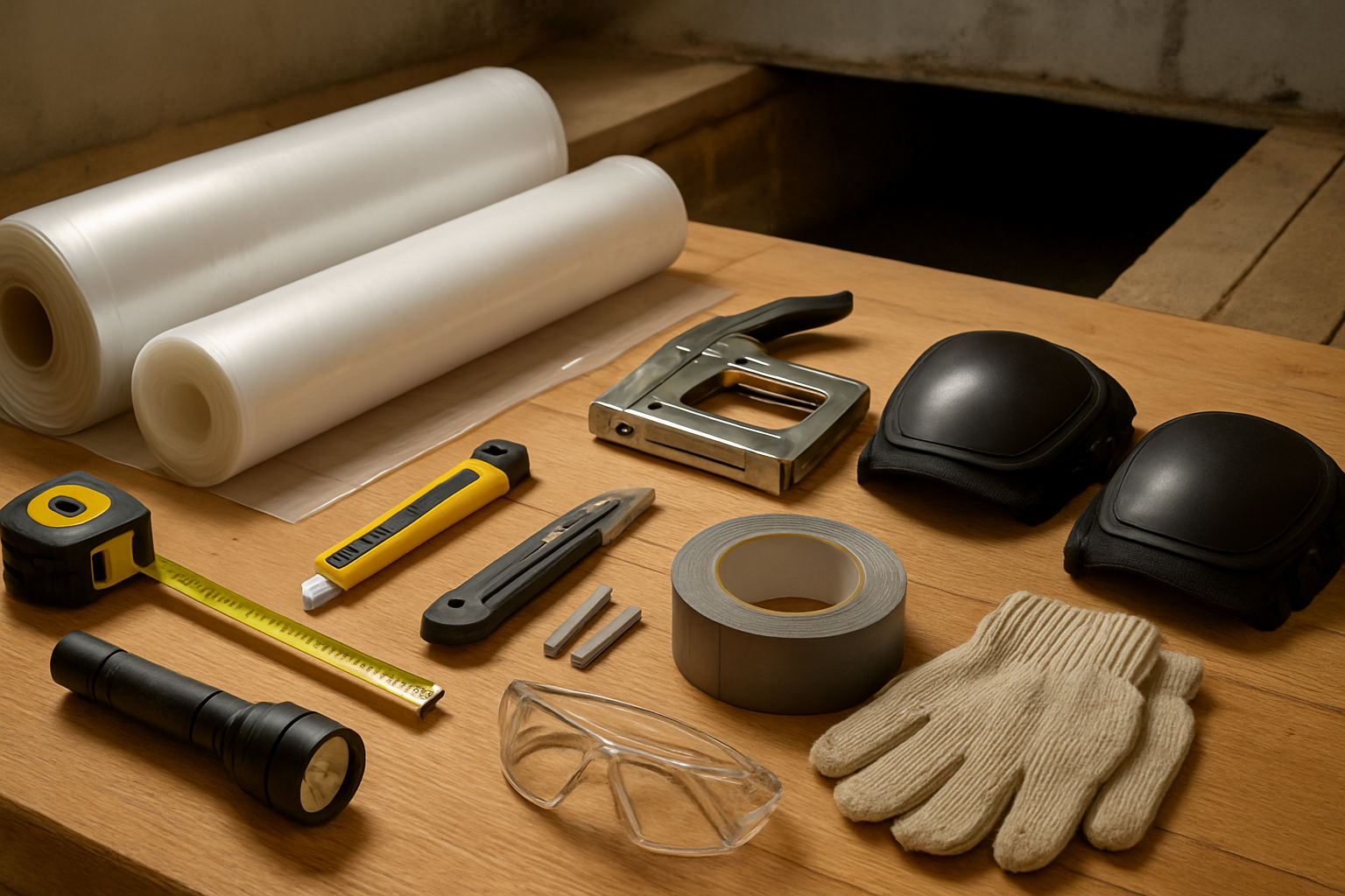 Create a realistic image of essential DIY tools and materials neatly arranged for vapor barrier installation in a crawl space, featuring plastic sheeting rolls, measuring tape, utility knife, staple gun with staples, duct tape, work gloves, knee pads, flashlight, and safety glasses laid out on a wooden surface, with a partially visible crawl space entrance in the background, bright workshop lighting illuminating the organized workspace, conveying a prepared and professional DIY setup atmosphere, absolutely NO text should be in the scene.
