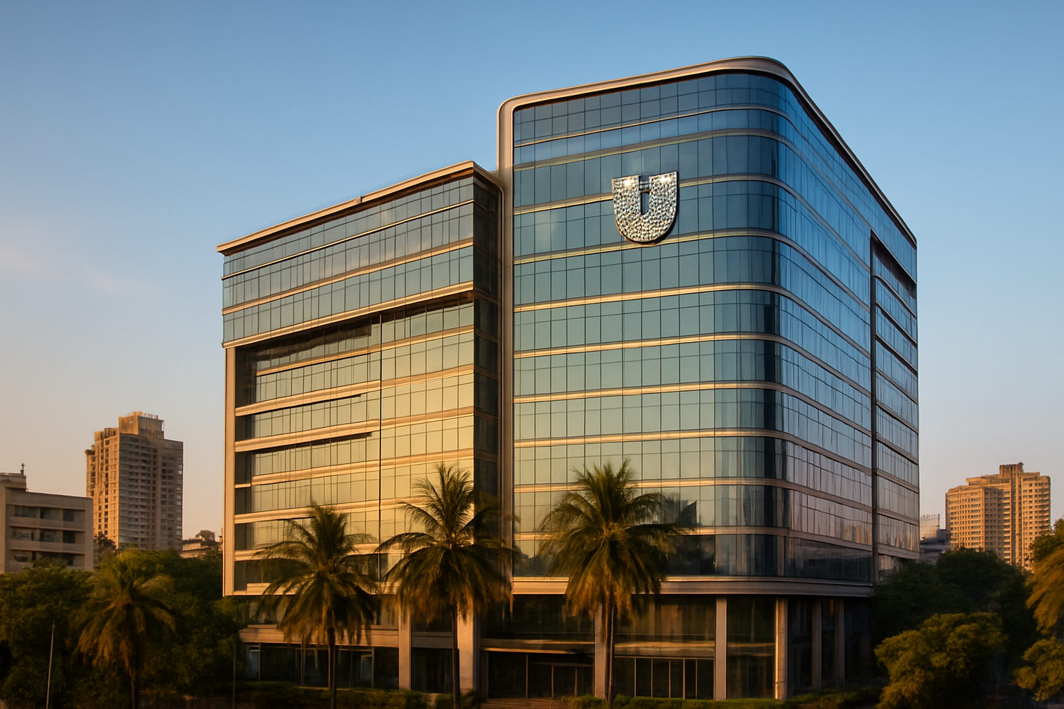 Create a realistic image of Hindustan Unilever Limited headquarters building in Mumbai with the company's modern corporate architecture, featuring glass facades and contemporary design, surrounded by urban Indian cityscape with palm trees and clear blue sky, shot during golden hour lighting to convey prosperity and stability, with HUL's distinctive logo visible on the building exterior, absolutely NO text should be in the scene.