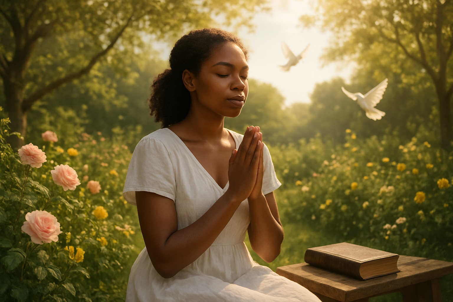 Create a realistic image of a young black woman in her twenties sitting peacefully in a sunlit garden, her hands gently clasped in prayer position, eyes closed with a serene expression, wearing a flowing white dress, surrounded by blooming flowers and lush greenery, with soft golden morning light filtering through tree branches creating a warm, spiritual atmosphere, a leather-bound Bible resting on a wooden bench beside her, doves flying gently in the background against a clear blue sky, conveying a sense of divine connection, self-discovery, and peaceful contemplation, absolutely NO text should be in the scene.