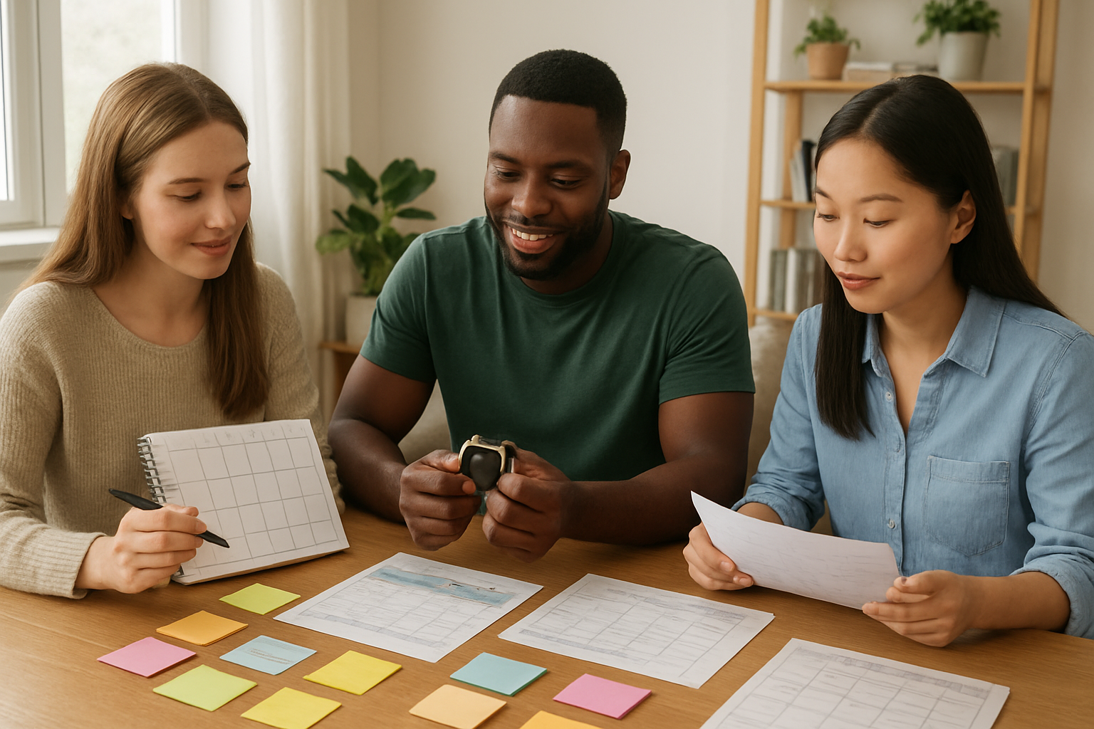 Create a realistic image of a diverse group of three people - a white female, black male, and Asian female - sitting around a modern wooden table with multiple personalized wellness planning materials spread out, including different types of calendars, fitness trackers, meal planning sheets, and colorful sticky notes, each person holding different planning tools that reflect their unique needs, with warm natural lighting from a large window in the background, creating a collaborative and thoughtful atmosphere in a bright, clean living space with plants and wellness books visible on shelves, absolutely NO text should be in the scene.