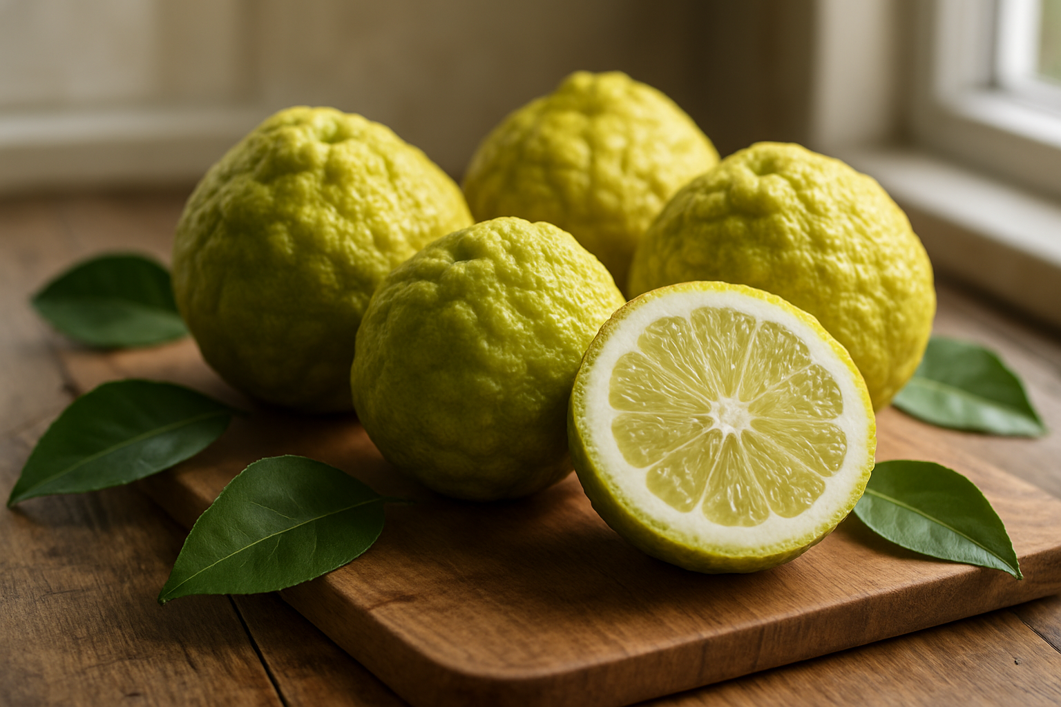 Create a realistic image of fresh bergamot oranges arranged on a wooden cutting board, showing both whole fruits and one cut in half to reveal the interior, with the distinctive bumpy yellow-green skin texture clearly visible, placed on a rustic kitchen counter with soft natural lighting from a nearby window, surrounded by a few green citrus leaves, creating a warm and inviting atmosphere that emphasizes the unique characteristics of bergamot oranges compared to regular oranges, absolutely NO text should be in the scene.