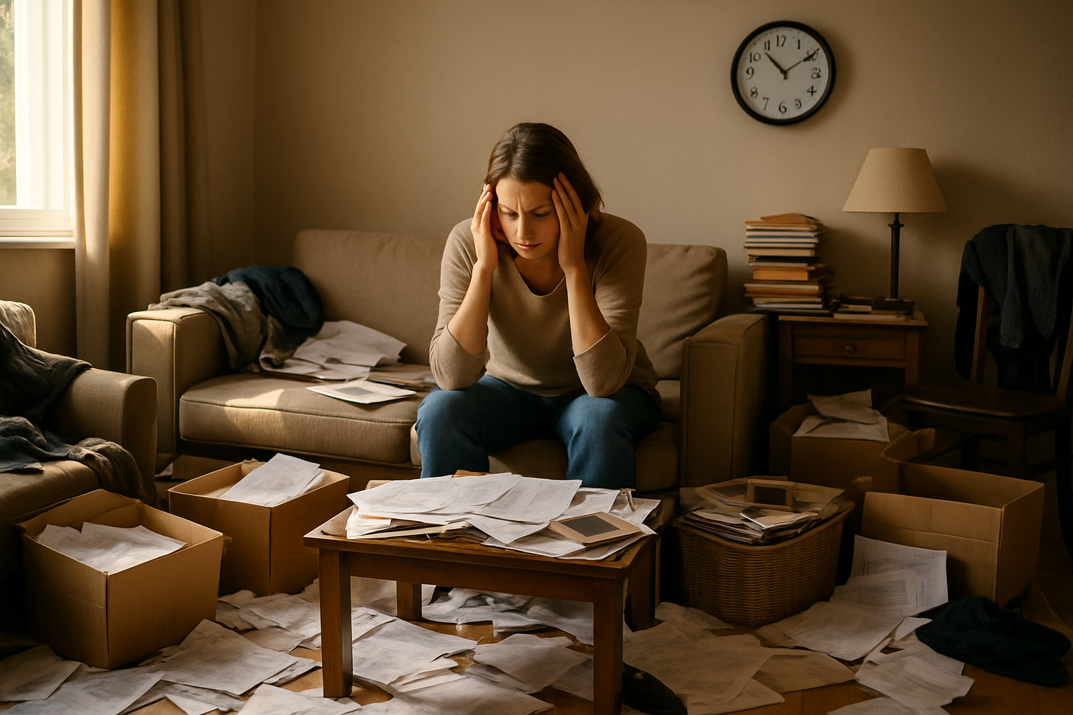 Create a realistic image of a cluttered living room with scattered papers, overflowing storage boxes, books stacked on furniture, clothes draped over chairs, and miscellaneous items covering surfaces, with a stressed-looking white female in her 30s sitting on a couch surrounded by the mess, holding her head in her hands in frustration, warm natural lighting streaming through a window creating shadows that emphasize the chaotic state of the room, with a clock visible on the wall showing time passing, absolutely NO text should be in the scene.