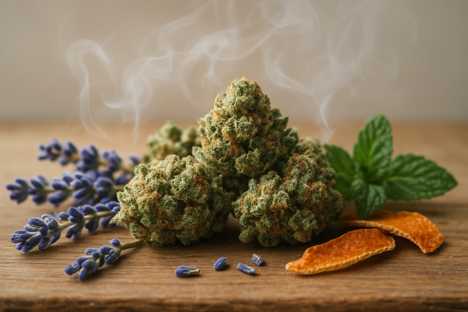 Create a realistic image of fresh cannabis buds with visible trichomes arranged on a wooden surface alongside aromatic lavender sprigs, dried orange peels, and mint leaves, with soft natural lighting highlighting the textures and creating gentle shadows, while aromatic vapor or essence visually emanates from the botanicals to represent scent molecules, set against a clean neutral background with shallow depth of field focusing on the cannabis and complementary aromatic plants, absolutely NO text should be in the scene.