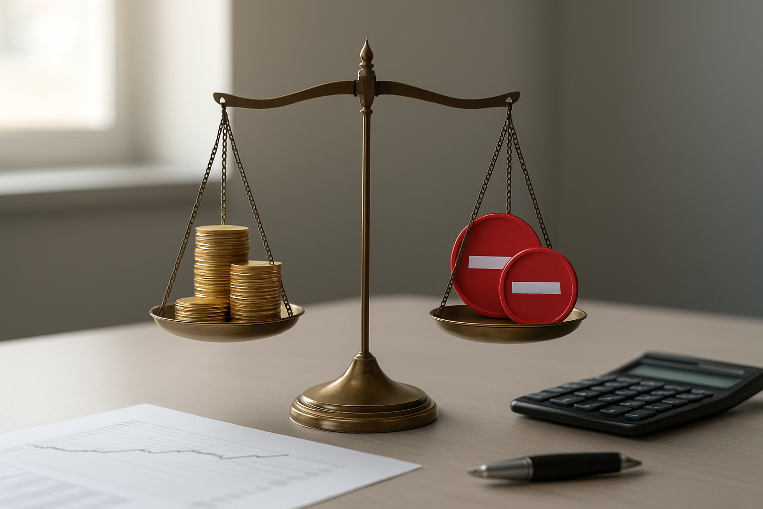 Create a realistic image of a balanced scale with golden coins stacked on one side representing advantages and red warning symbols or minus signs on the other side representing limitations, set on a clean modern desk with a calculator, pen, and financial documents nearby, soft natural lighting from a window, professional office environment with neutral colors, conveying the concept of weighing financial pros and cons, absolutely NO text should be in the scene.