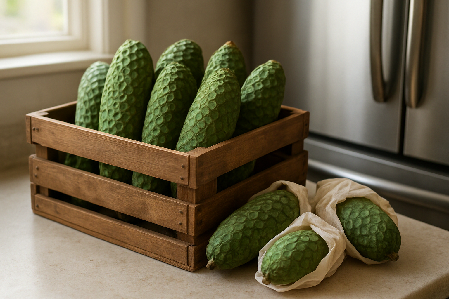 Create a realistic image of ripe Monstera Deliciosa fruits with hexagonal scale patterns displayed in a rustic wooden crate alongside some individually wrapped fruits in breathable cloth or paper, placed on a kitchen counter next to a refrigerator with soft natural lighting from a nearby window, showing proper storage methods for the exotic Swiss cheese plant fruits. Absolutely NO text should be in the scene.